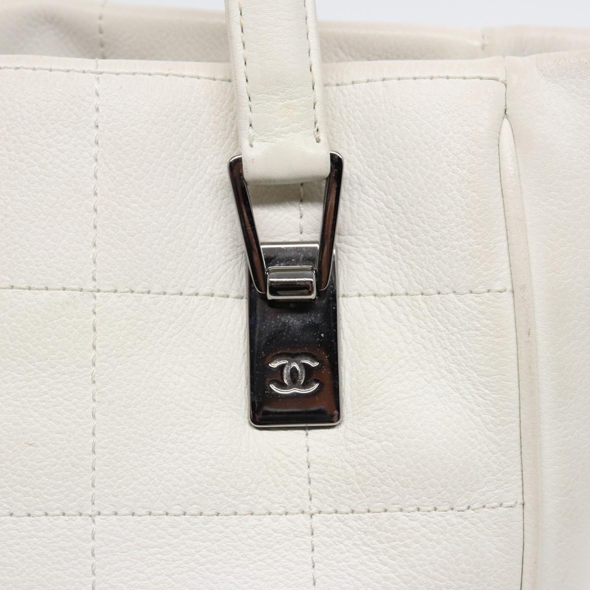 CHANEL Choco Bar Hand Bag Leather White Silver CC yk14765