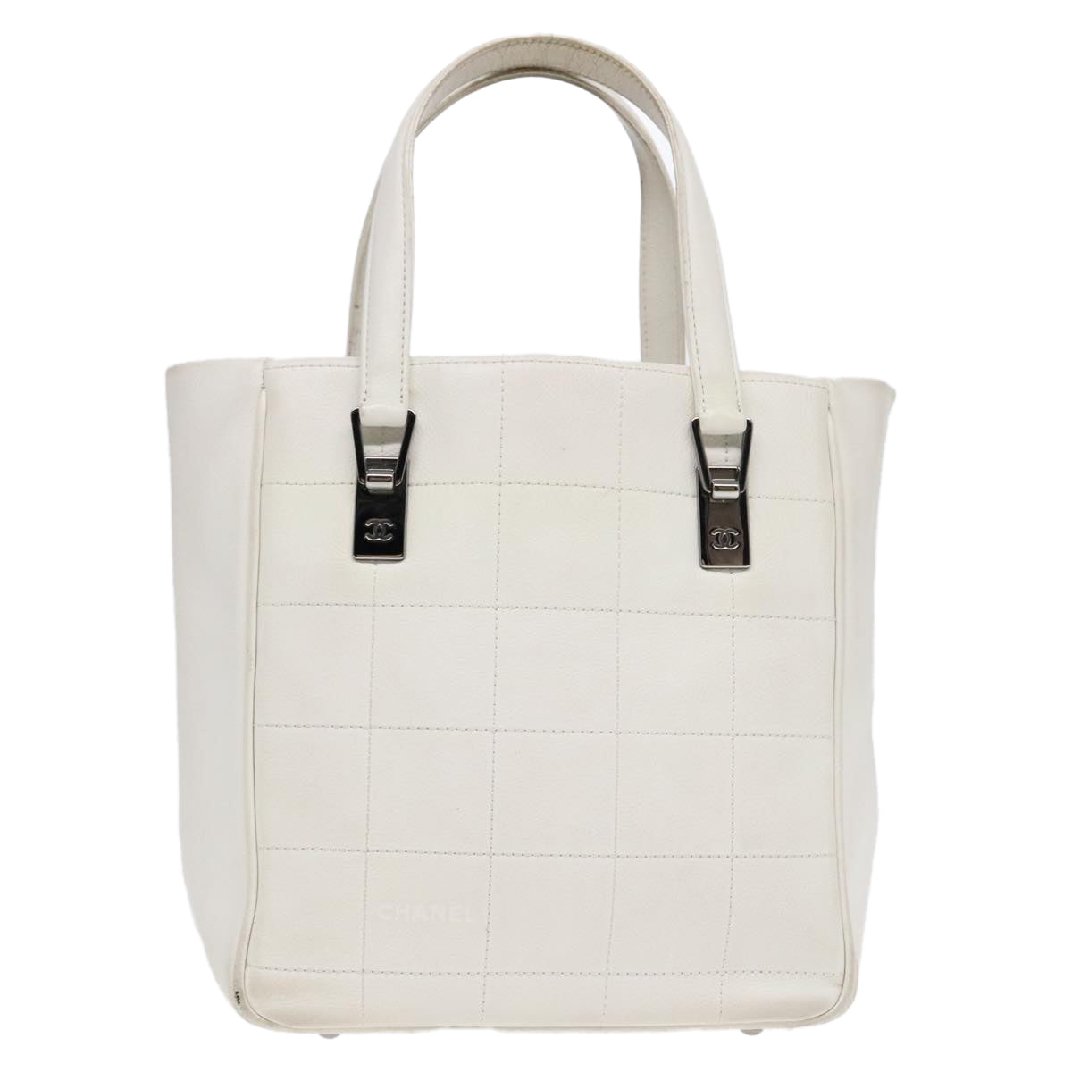 CHANEL Choco Bar Hand Bag Leather White Silver CC yk14765