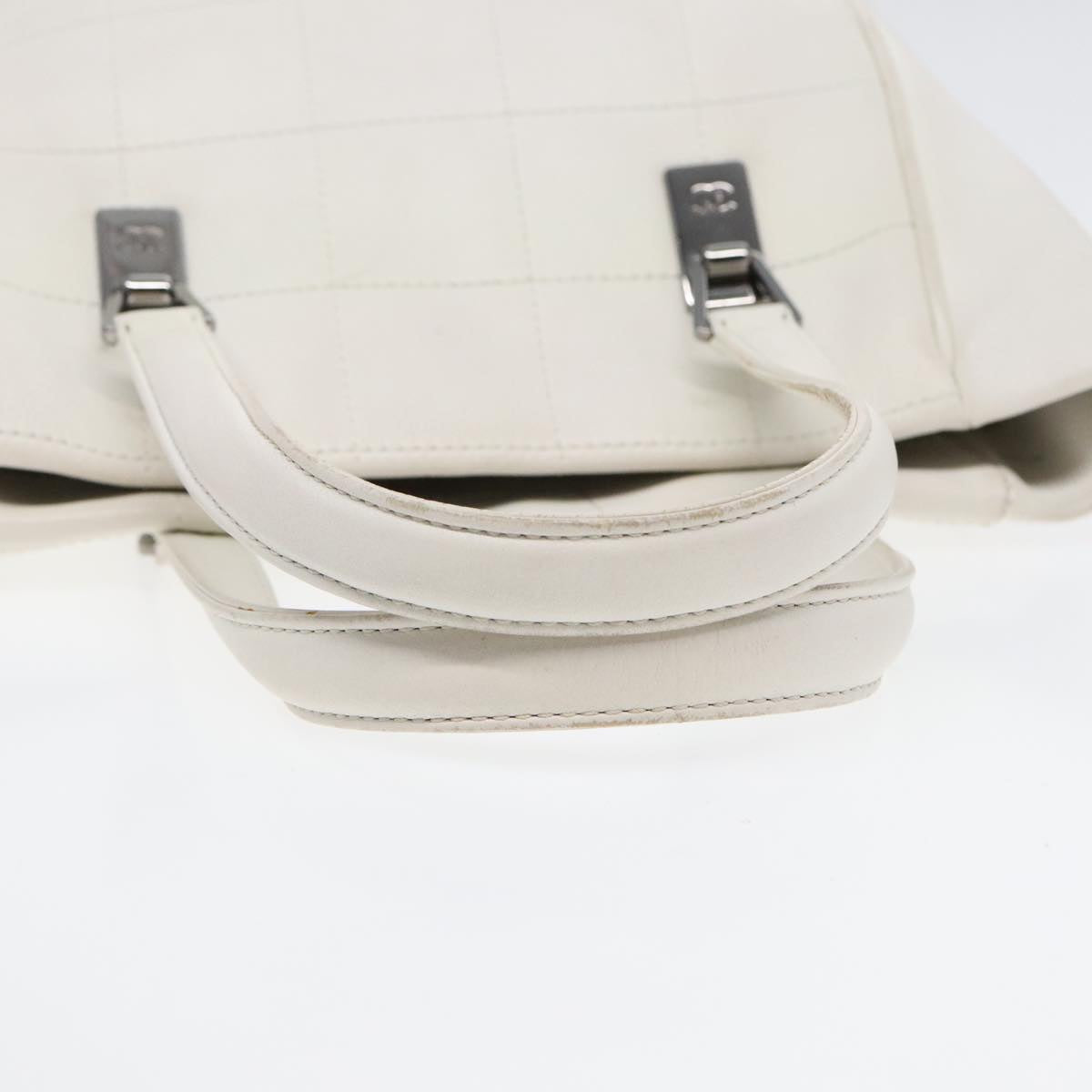 CHANEL Choco Bar Hand Bag Leather White Silver CC yk14765