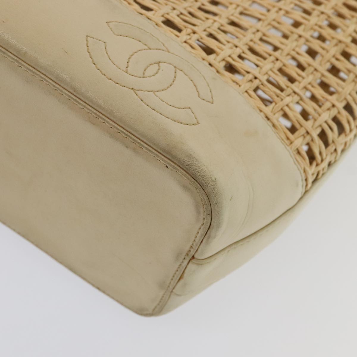 CHANEL COCO Mark Chain Tote Bag Straw Leather Beige Gold CC yk14915