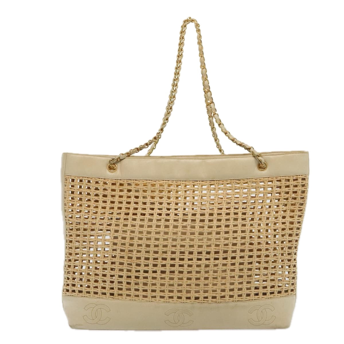 CHANEL COCO Mark Chain Tote Bag Straw Leather Beige Gold CC yk14915