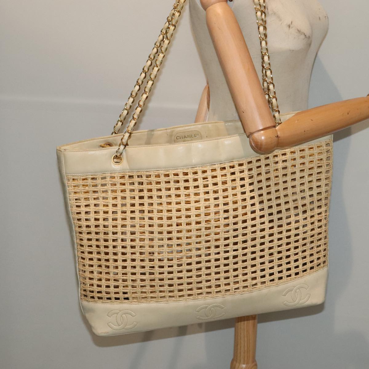 CHANEL COCO Mark Chain Tote Bag Straw Leather Beige Gold CC yk14915