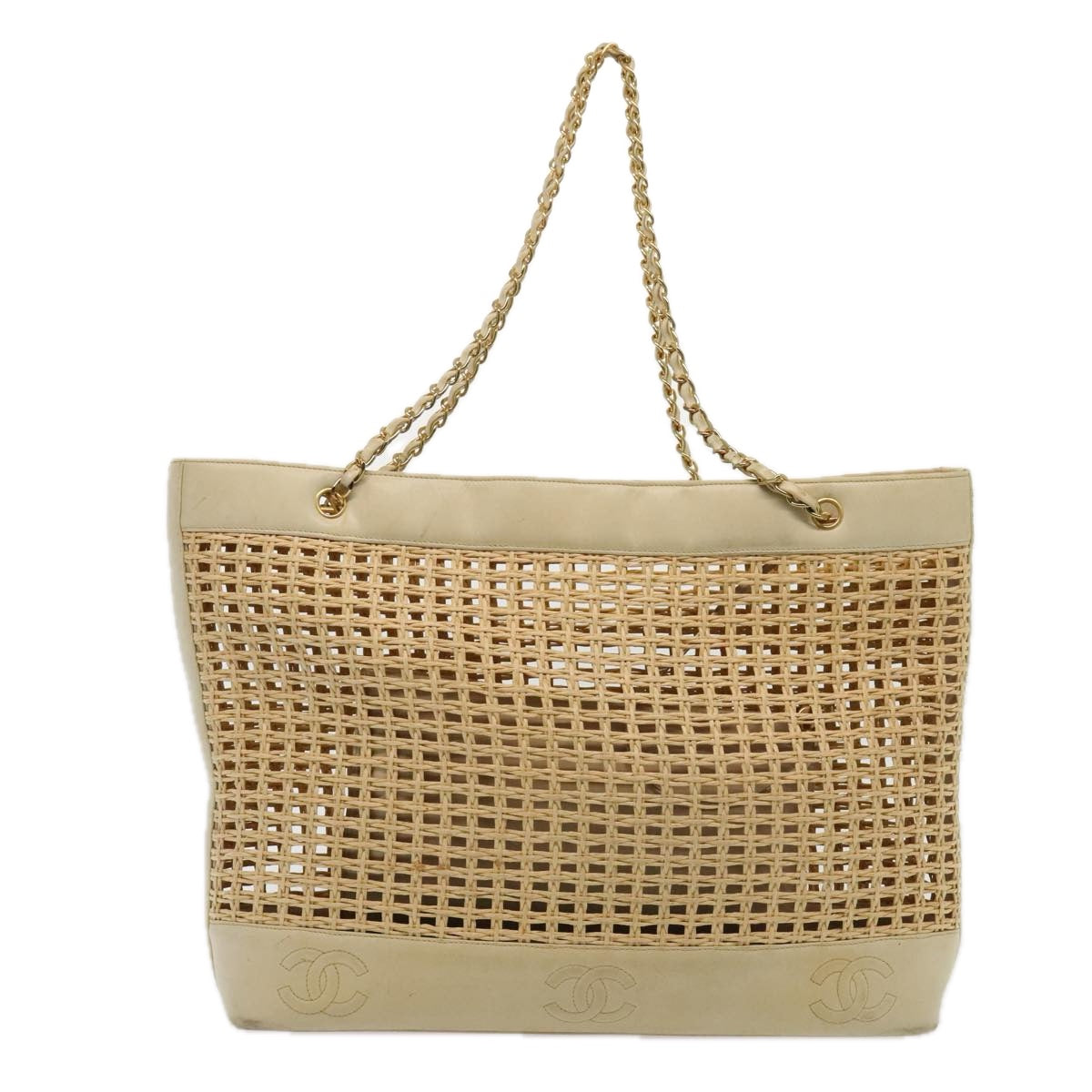 CHANEL COCO Mark Chain Tote Bag Straw Leather Beige Gold CC yk14915