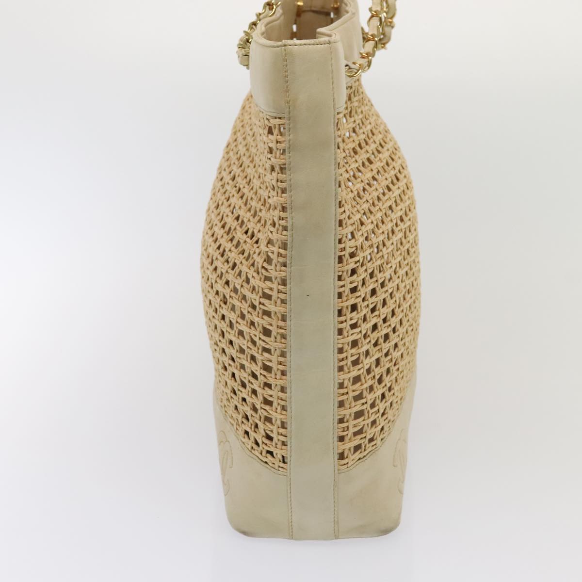 CHANEL COCO Mark Chain Tote Bag Straw Leather Beige Gold CC yk14915