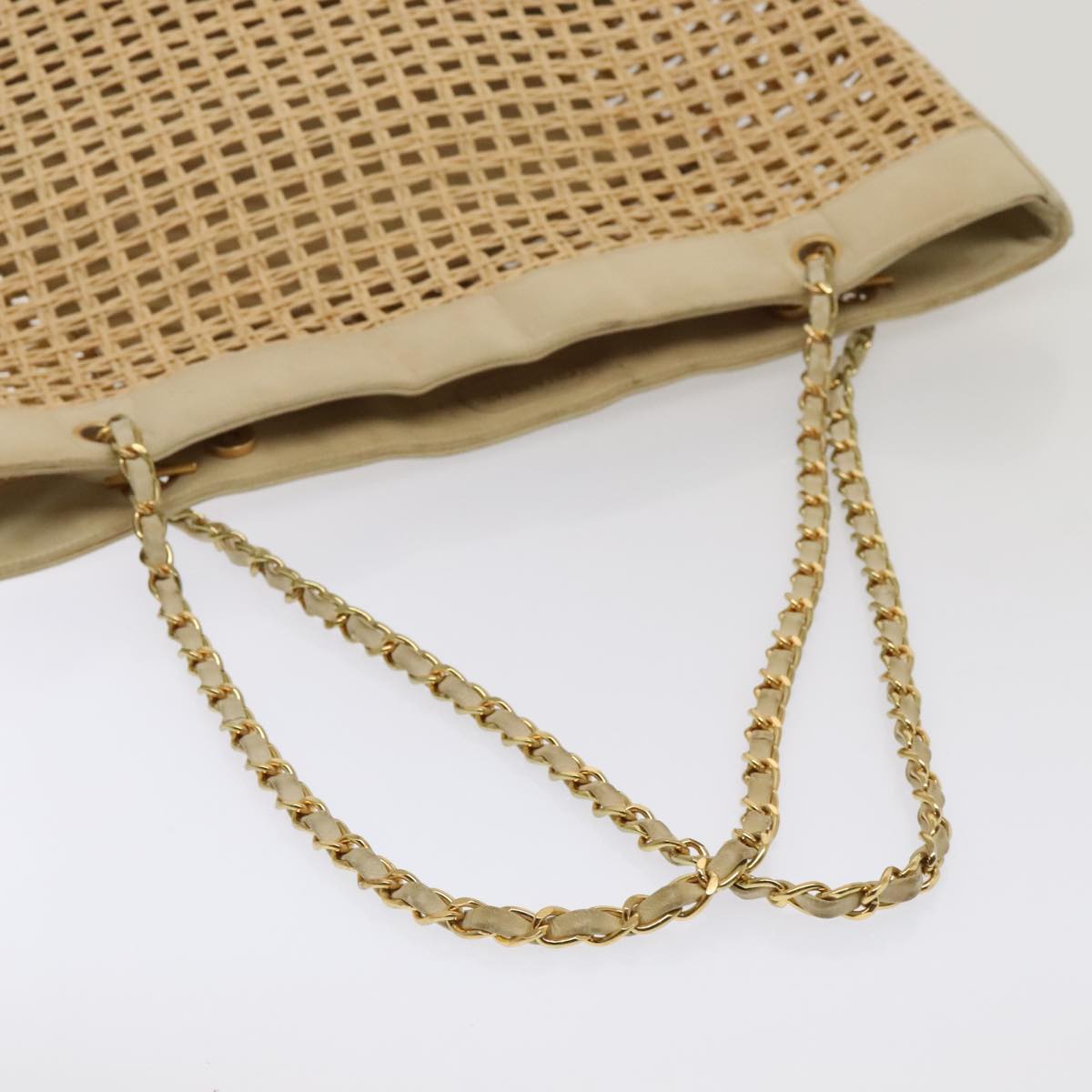 CHANEL COCO Mark Chain Tote Bag Straw Leather Beige Gold CC yk14915