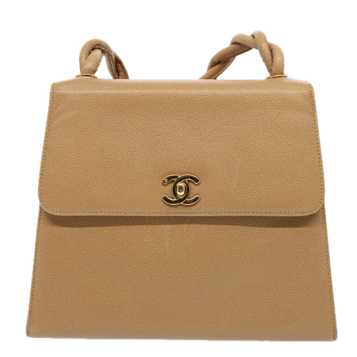 CHANEL Turn Lock Shoulder Bag Caviar Skin Beige Gold CC yk14960A