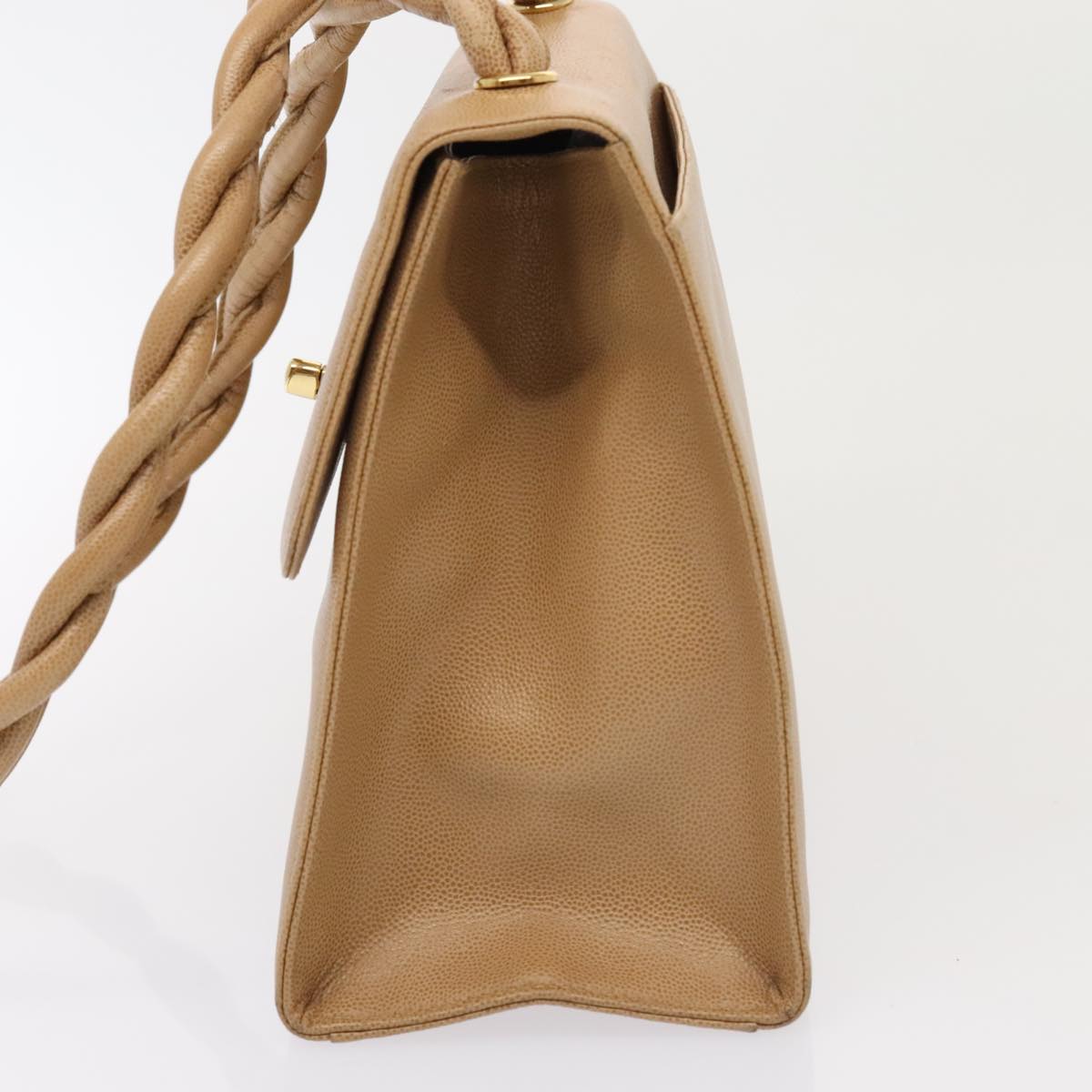 CHANEL Turn Lock Shoulder Bag Caviar Skin Beige Gold CC yk14960A