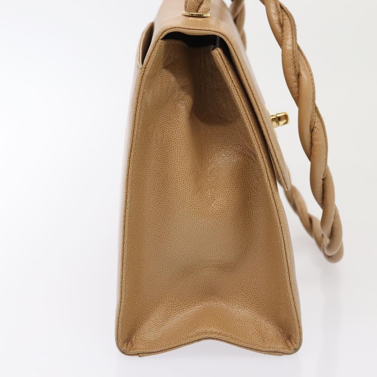 CHANEL Turn Lock Shoulder Bag Caviar Skin Beige Gold CC yk14960A