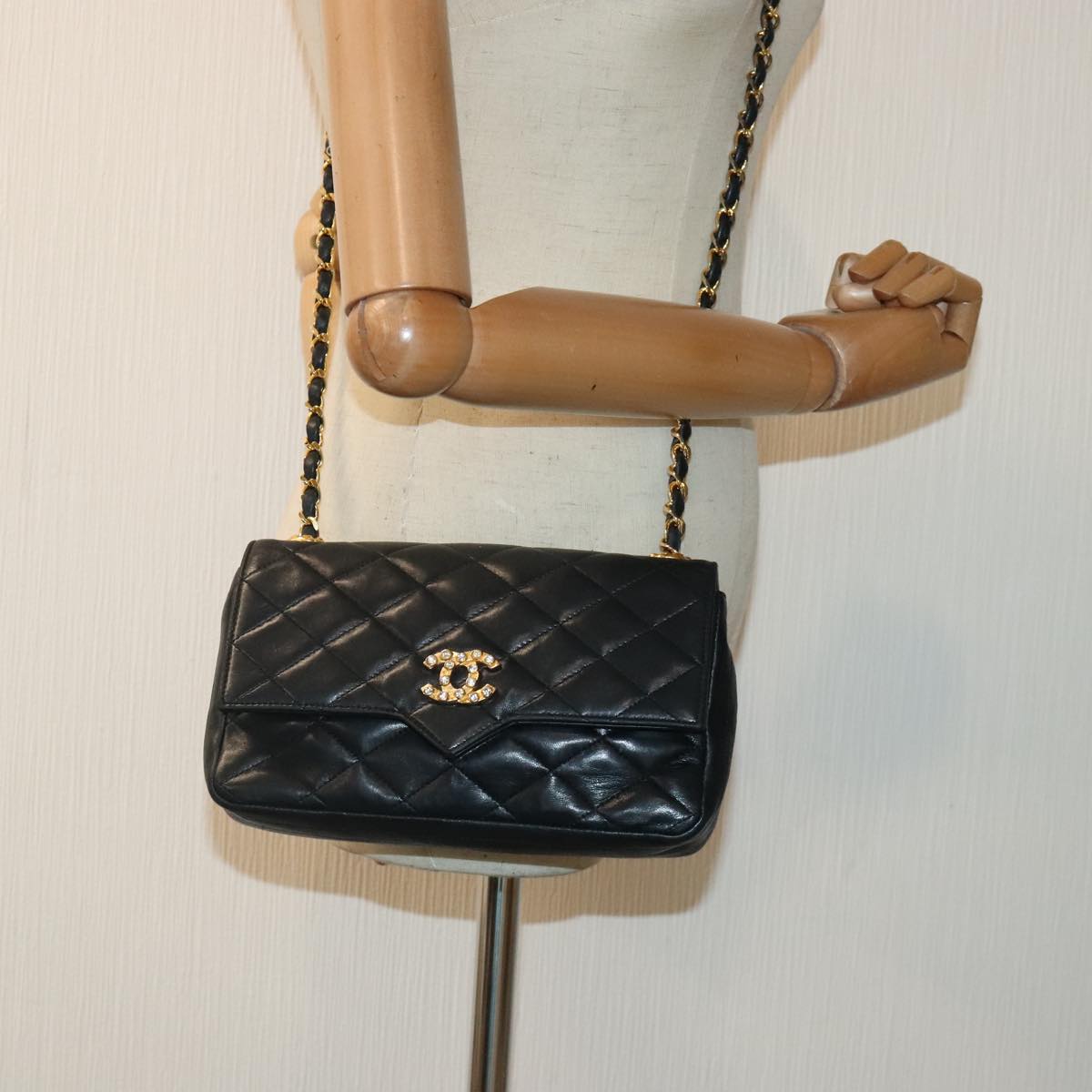 CHANEL Matelasse COCO Mark Chain Stone Bag Lamb Skin Black CC yk15007A