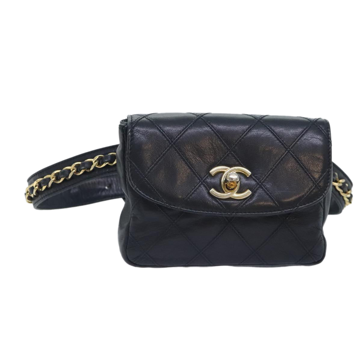 CHANEL Bicolore Chain Waist bag Leather Black Gold CC yk15152