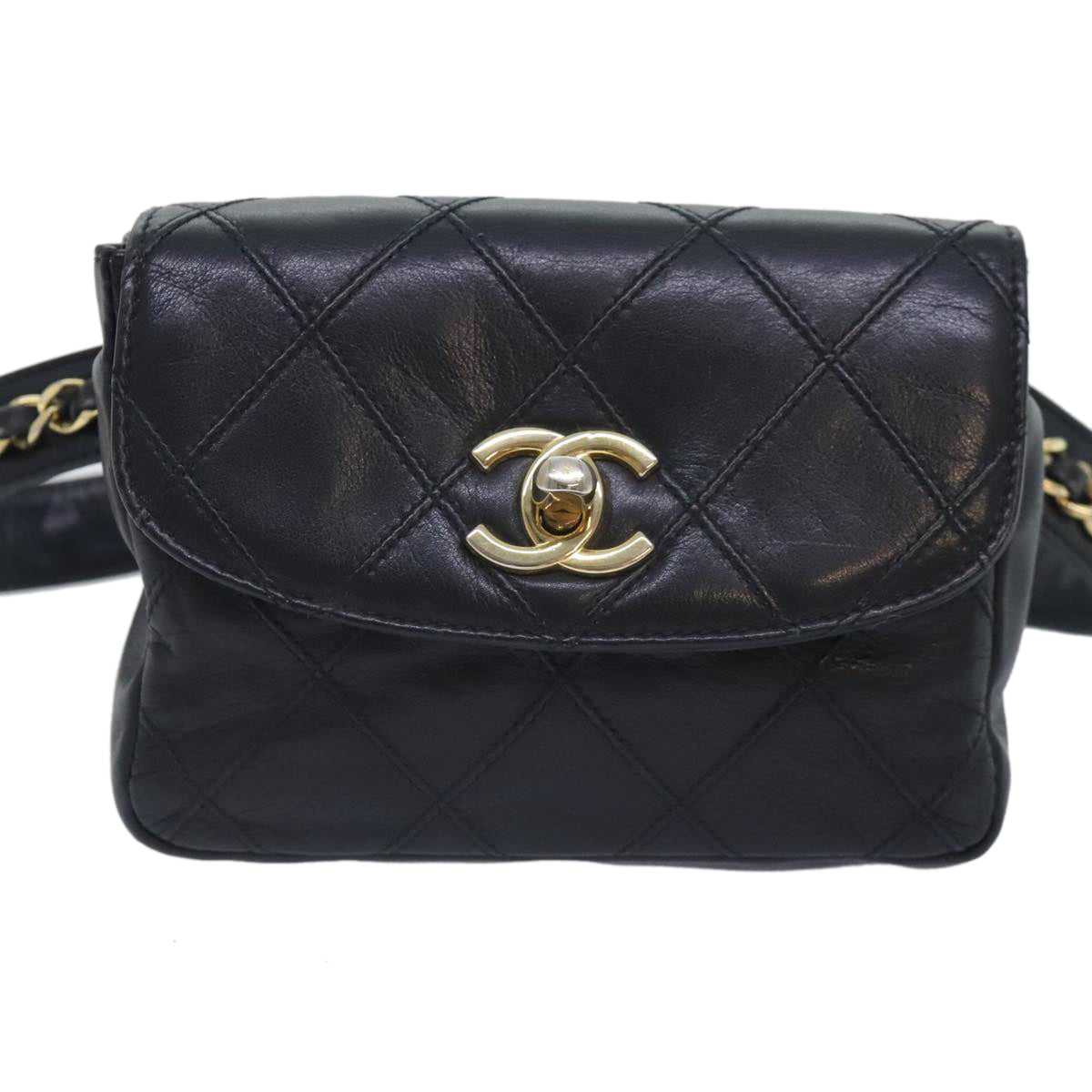 CHANEL Bicolore Chain Waist bag Leather Black Gold CC yk15152