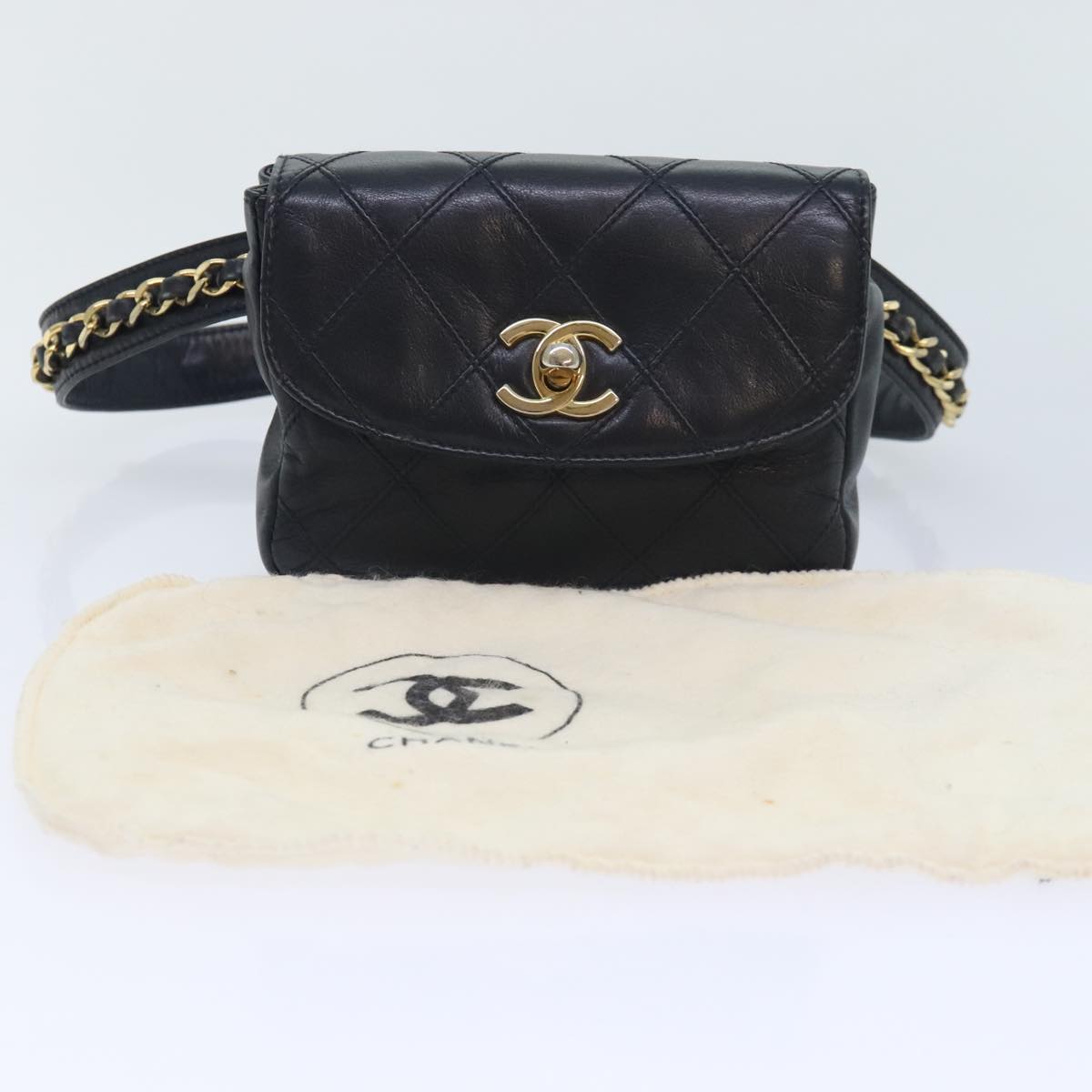 CHANEL Bicolore Chain Waist bag Leather Black Gold CC yk15152