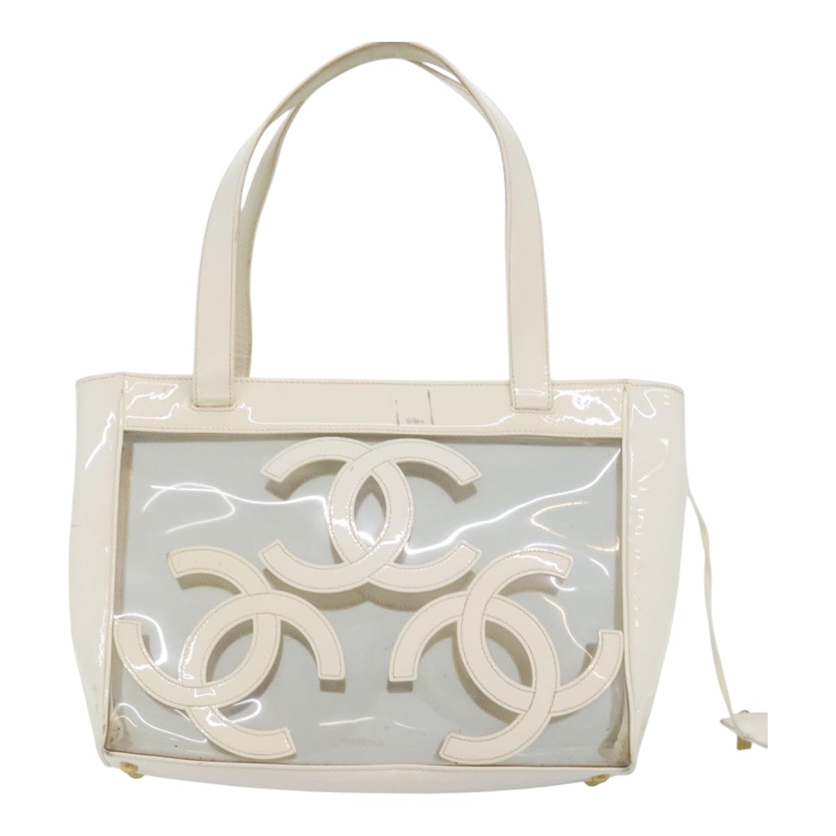CHANEL Triple Coco Tote Bag Vinyl White Gold CC yk15356