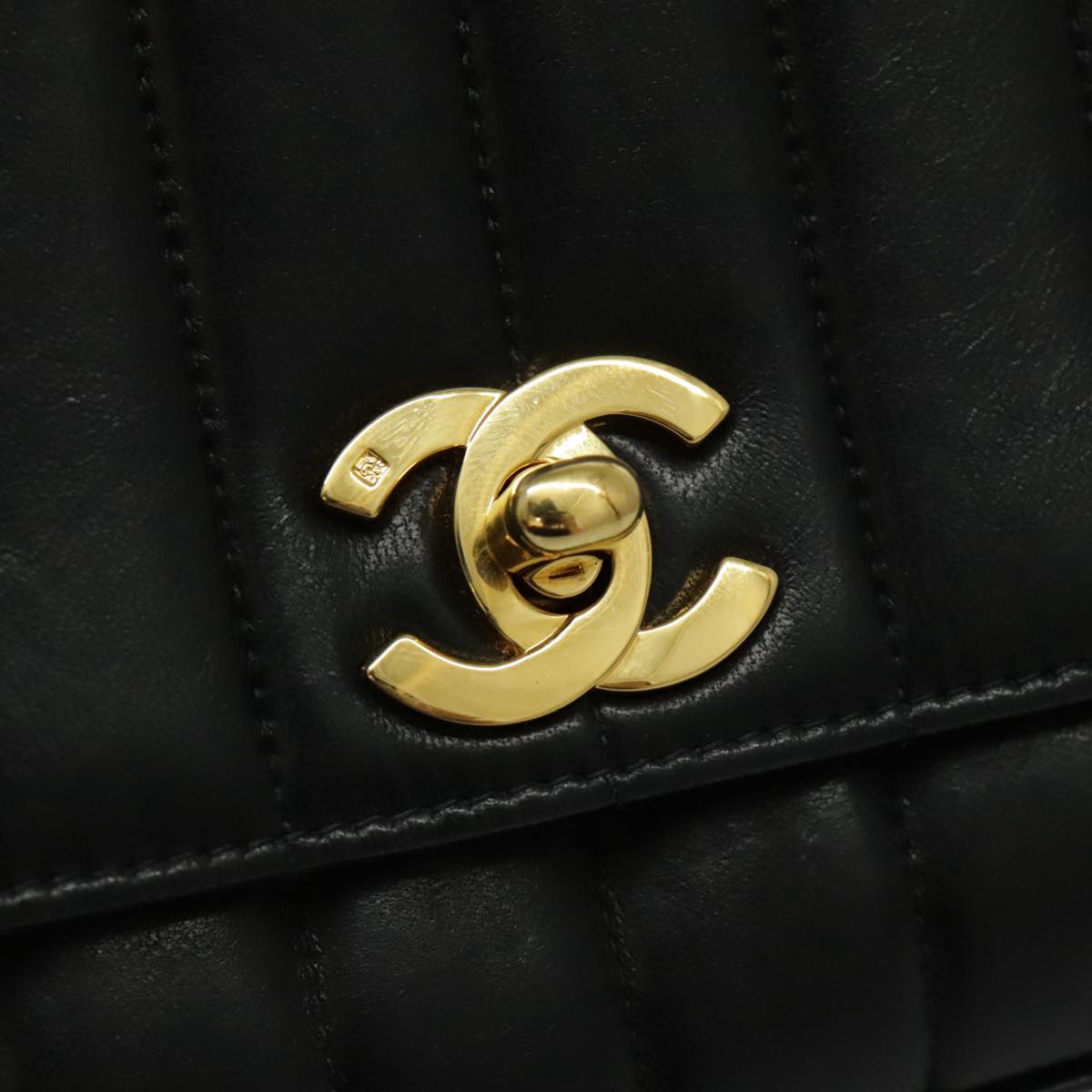 CHANEL Mademoiselle Shoulder Bag Lamb Skin Black Gold CC yk15502A