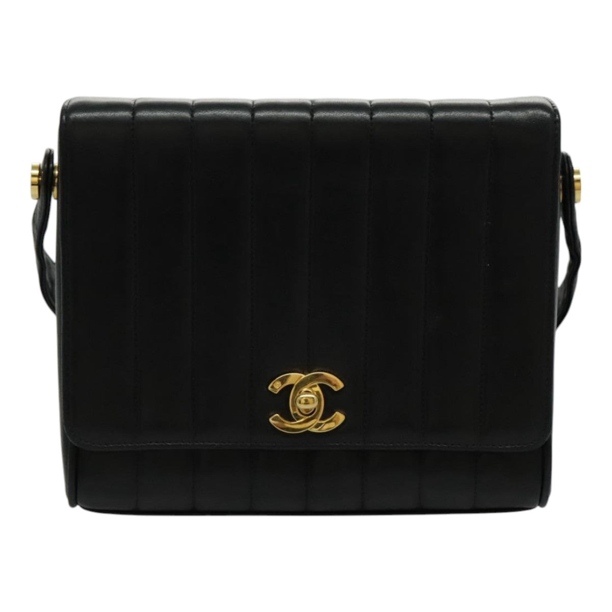 CHANEL Mademoiselle Shoulder Bag Lamb Skin Black Gold CC yk15502A