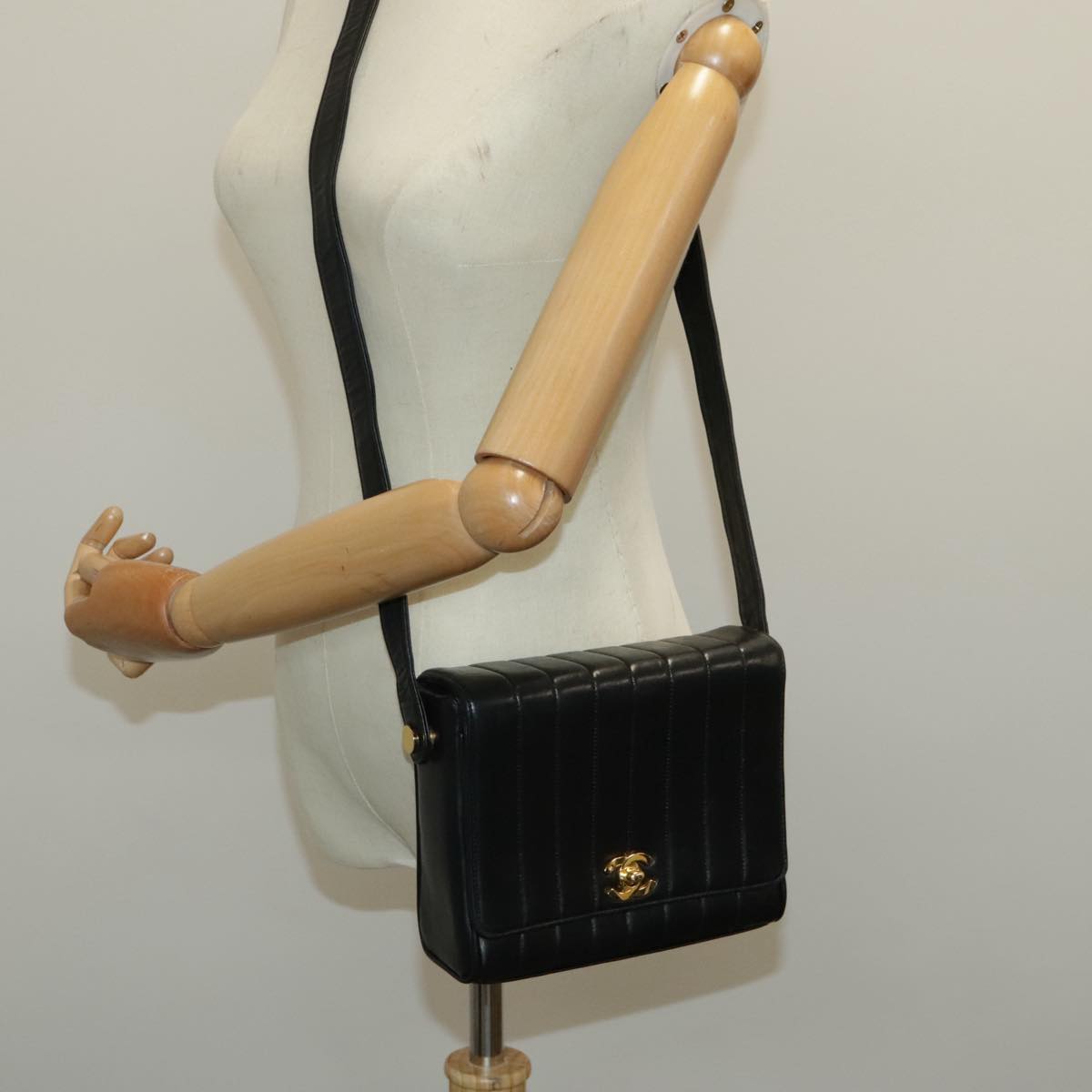 CHANEL Mademoiselle Shoulder Bag Lamb Skin Black Gold CC yk15502A