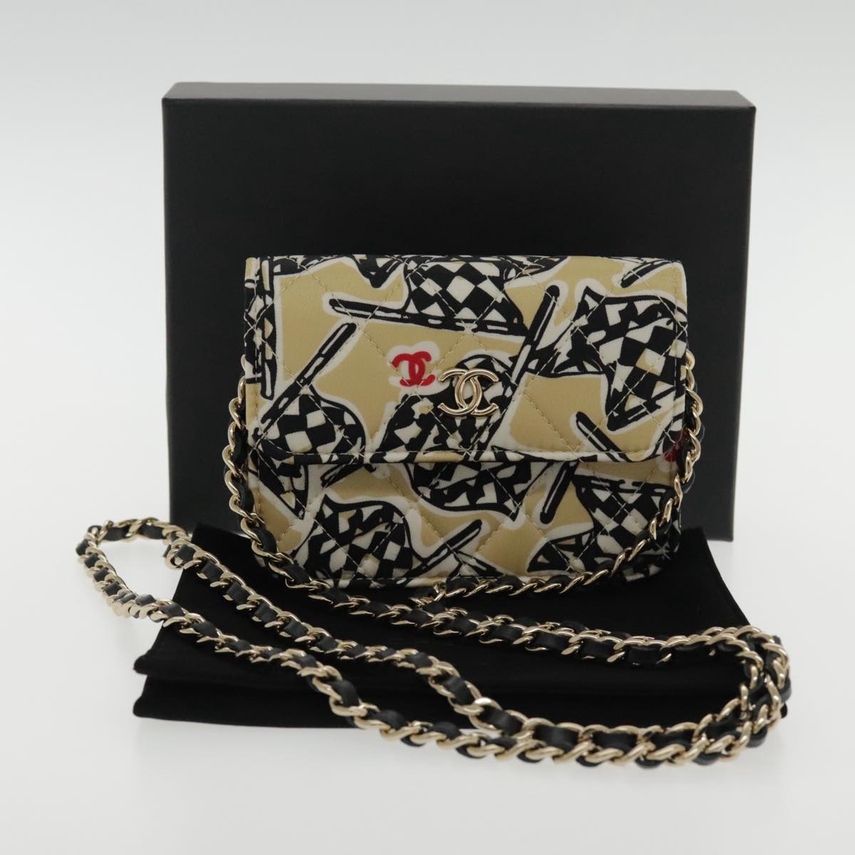CHANEL Matelasse Chain Pouch Canvas Beige Gold CC yk15527A