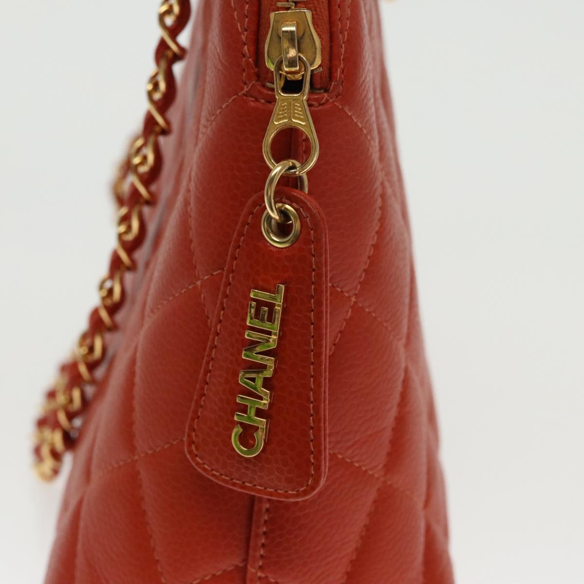 CHANEL Matelasse Chain Shoulder Bag Caviar Skin Orange Gold CC yk15664A
