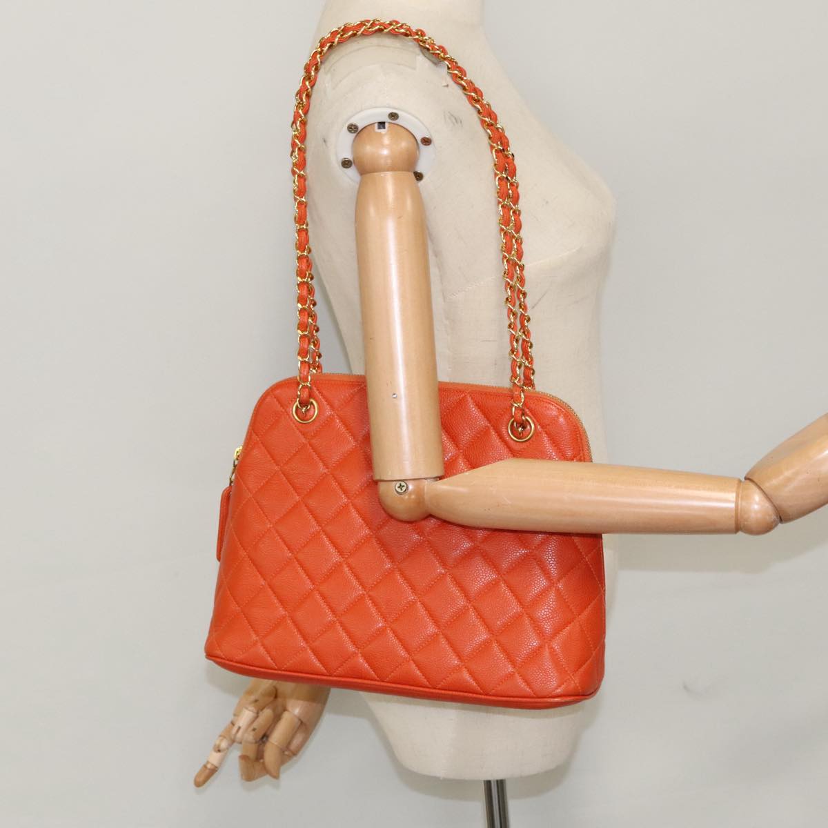 CHANEL Matelasse Chain Shoulder Bag Caviar Skin Orange Gold CC yk15664A