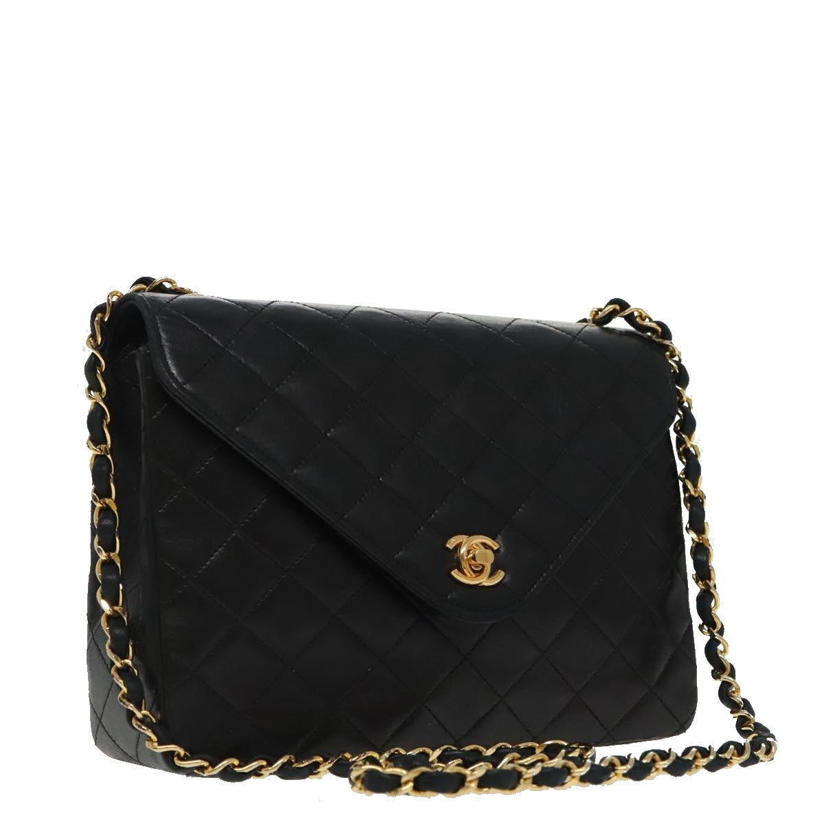 CHANEL Matelasse Chain Shoulder Bag Lamb Skin Black Gold CC yk15735