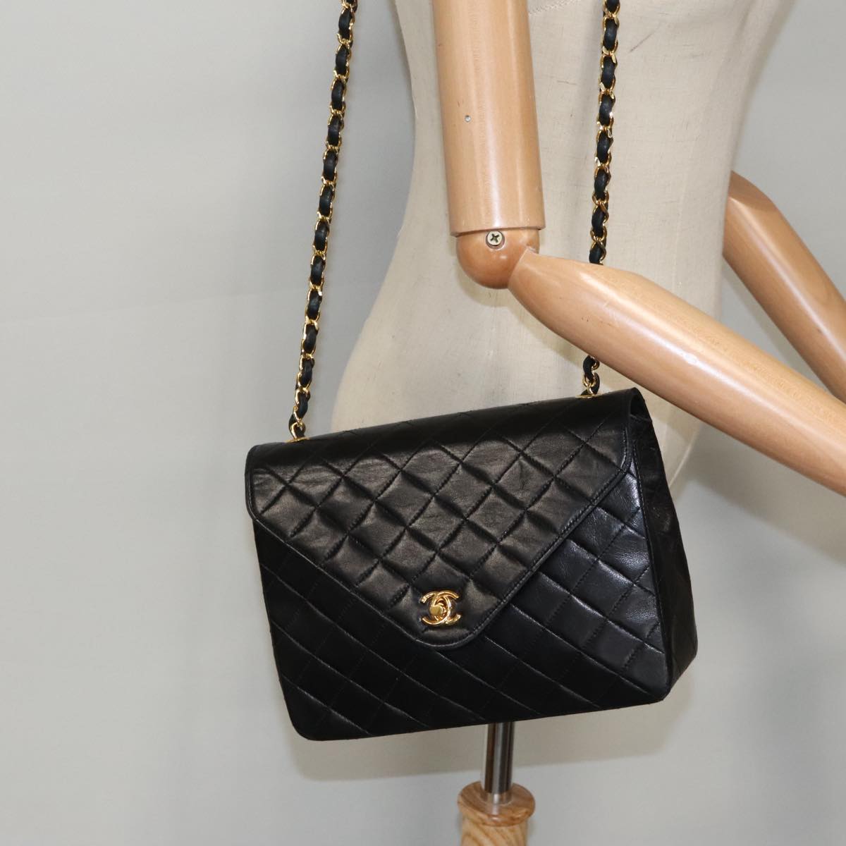 CHANEL Matelasse Chain Shoulder Bag Lamb Skin Black Gold CC yk15735