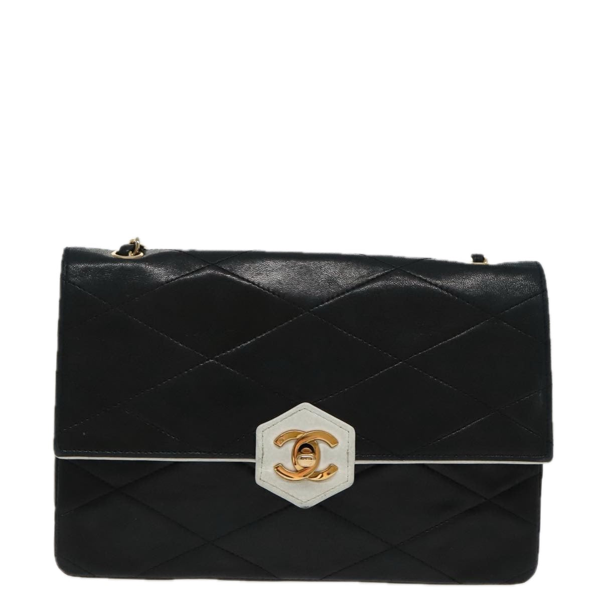 CHANEL Matelasse Chain Shoulder Bag Lamb Skin Black Gold white CC yk15737