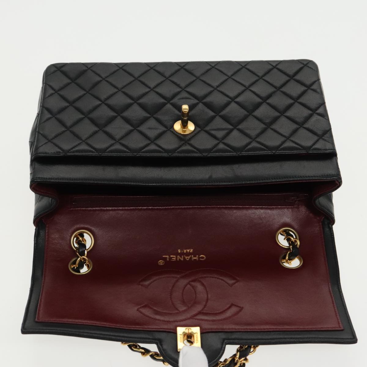 CHANEL Matelasse Turn Lock Chain Hand Bag Lamb Skin Black Gold CC yk15738A