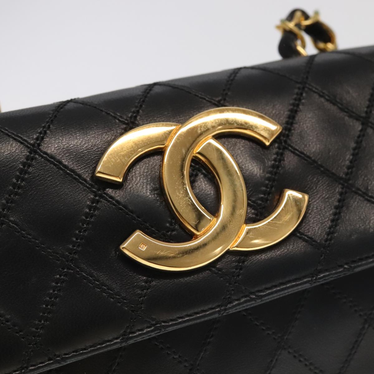 CHANEL Bicolore Chain Deca COCO Mark Bag Lamb Skin Black CC yk15897