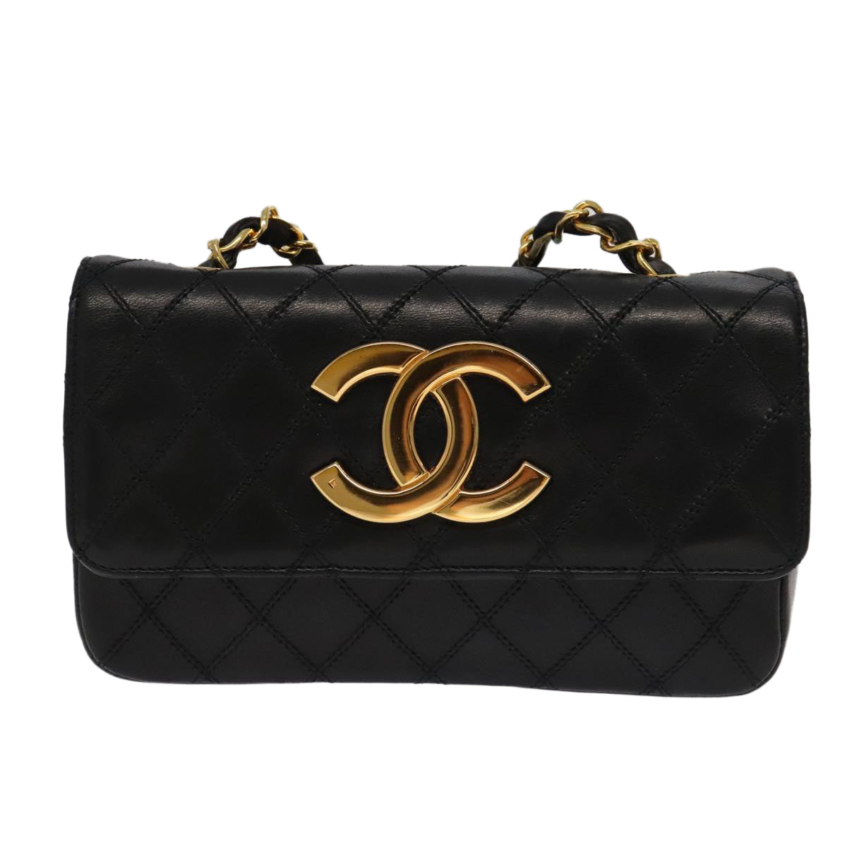 CHANEL Bicolore Chain Deca COCO Mark Bag Lamb Skin Black CC yk15897