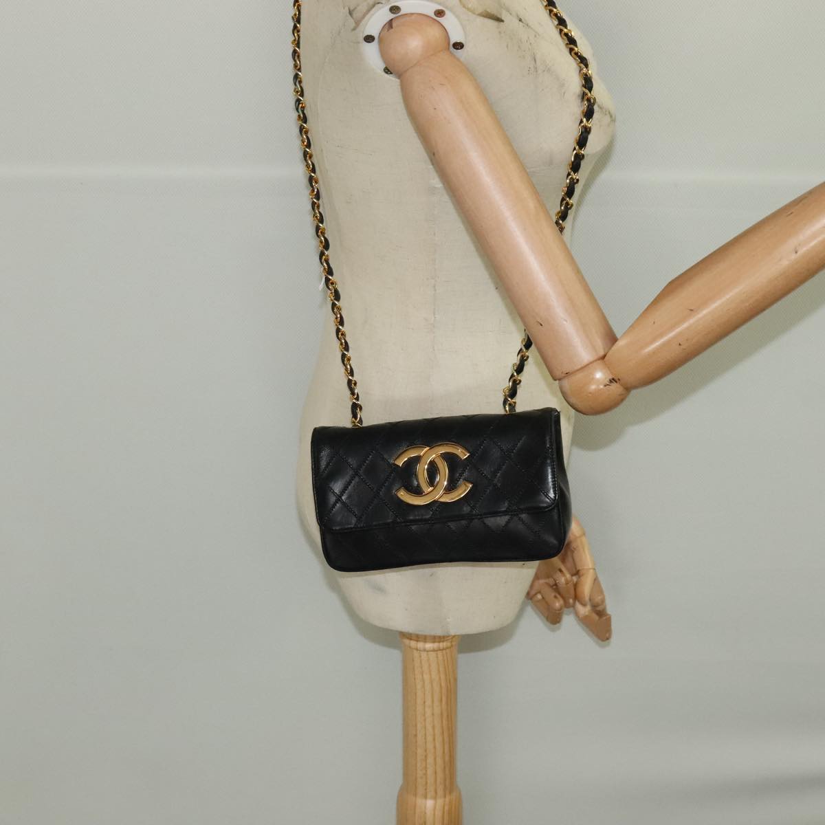 CHANEL Bicolore Chain Deca COCO Mark Bag Lamb Skin Black CC yk15897