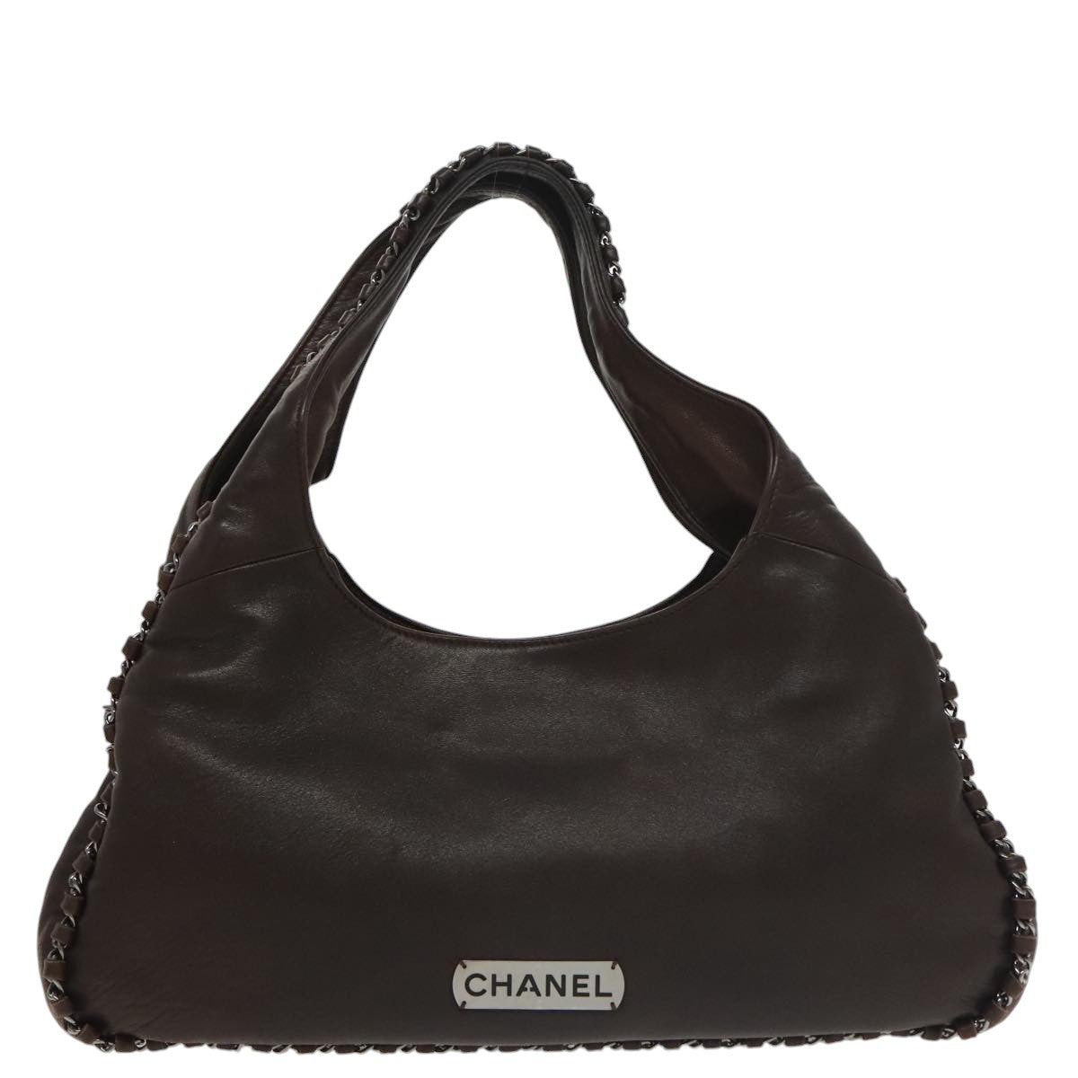 CHANEL Chain Hand Bag Lamb Skin Brown CC yk15907A