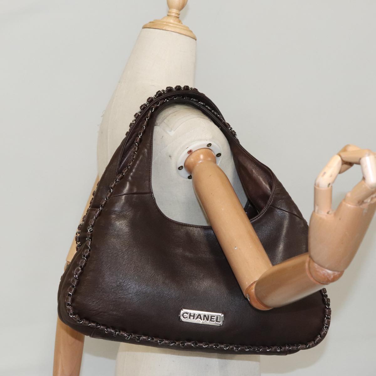 CHANEL Chain Hand Bag Lamb Skin Brown CC yk15907A