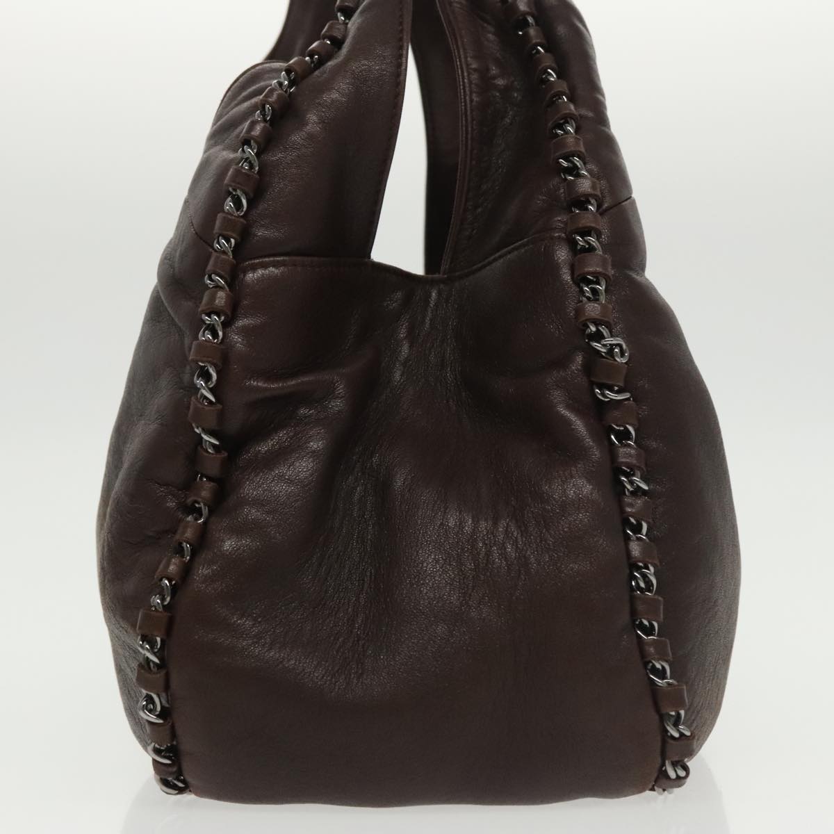 CHANEL Chain Hand Bag Lamb Skin Brown CC yk15907A