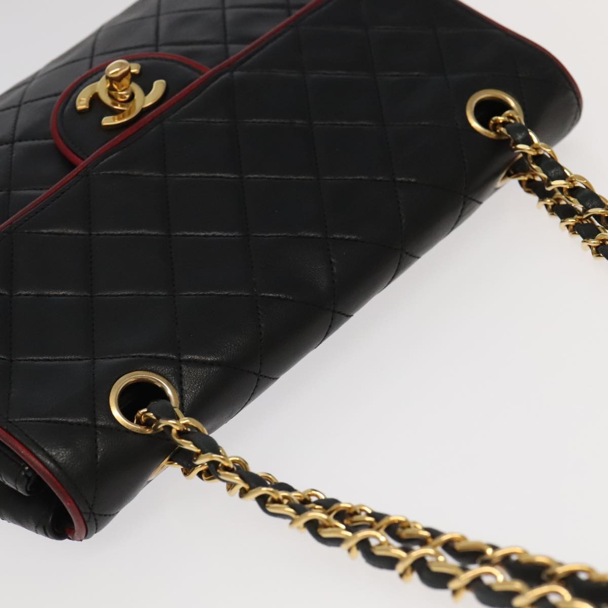 CHANEL Matelasse Turn Lock Chain Bag Lamb Skin Black Gold CC yk15912A