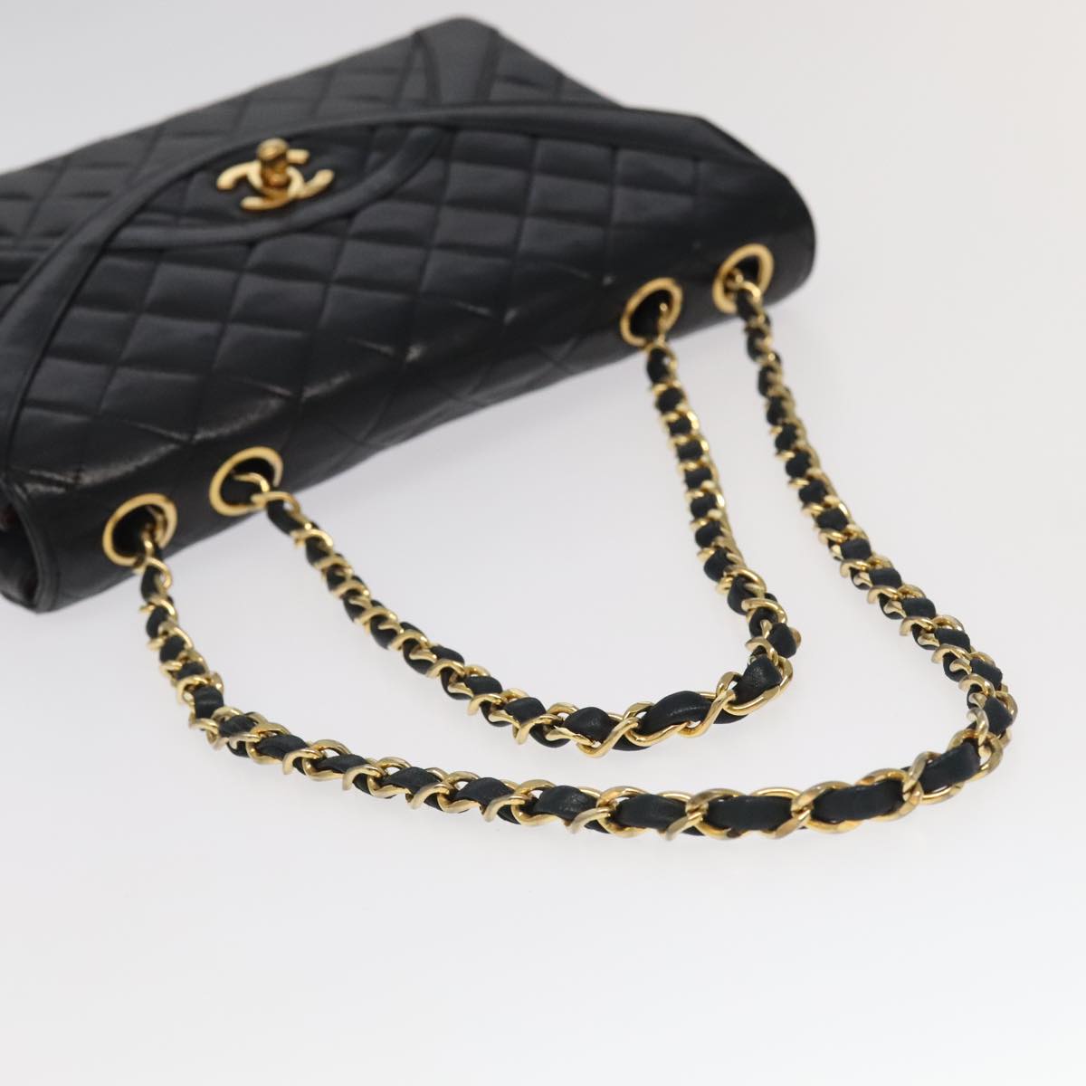CHANEL Matelasse Chain Hand Bag Lamb Skin Black Gold CC yk15914A