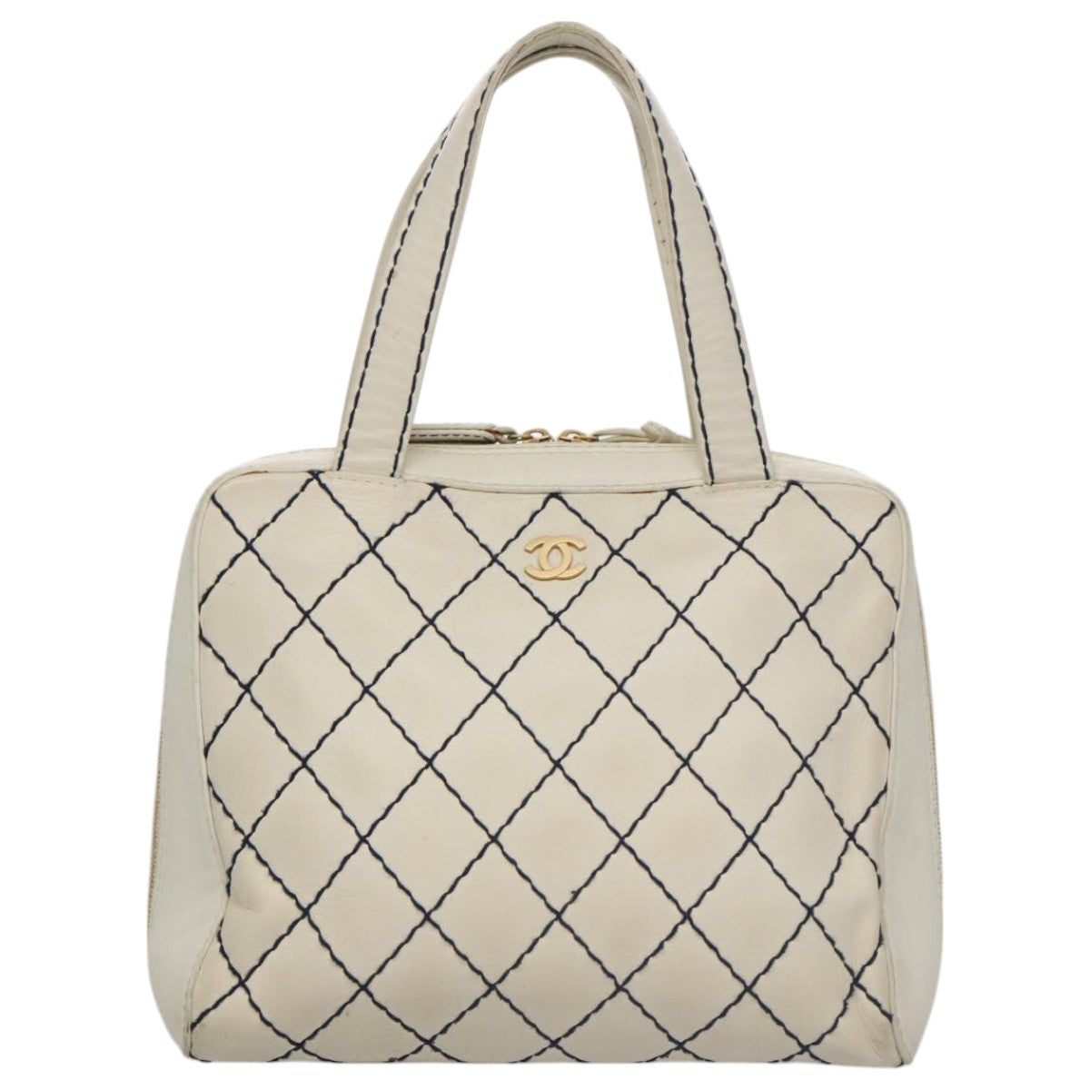 CHANEL Wild stitch Hand Bag Leather White Gold CC yk16095
