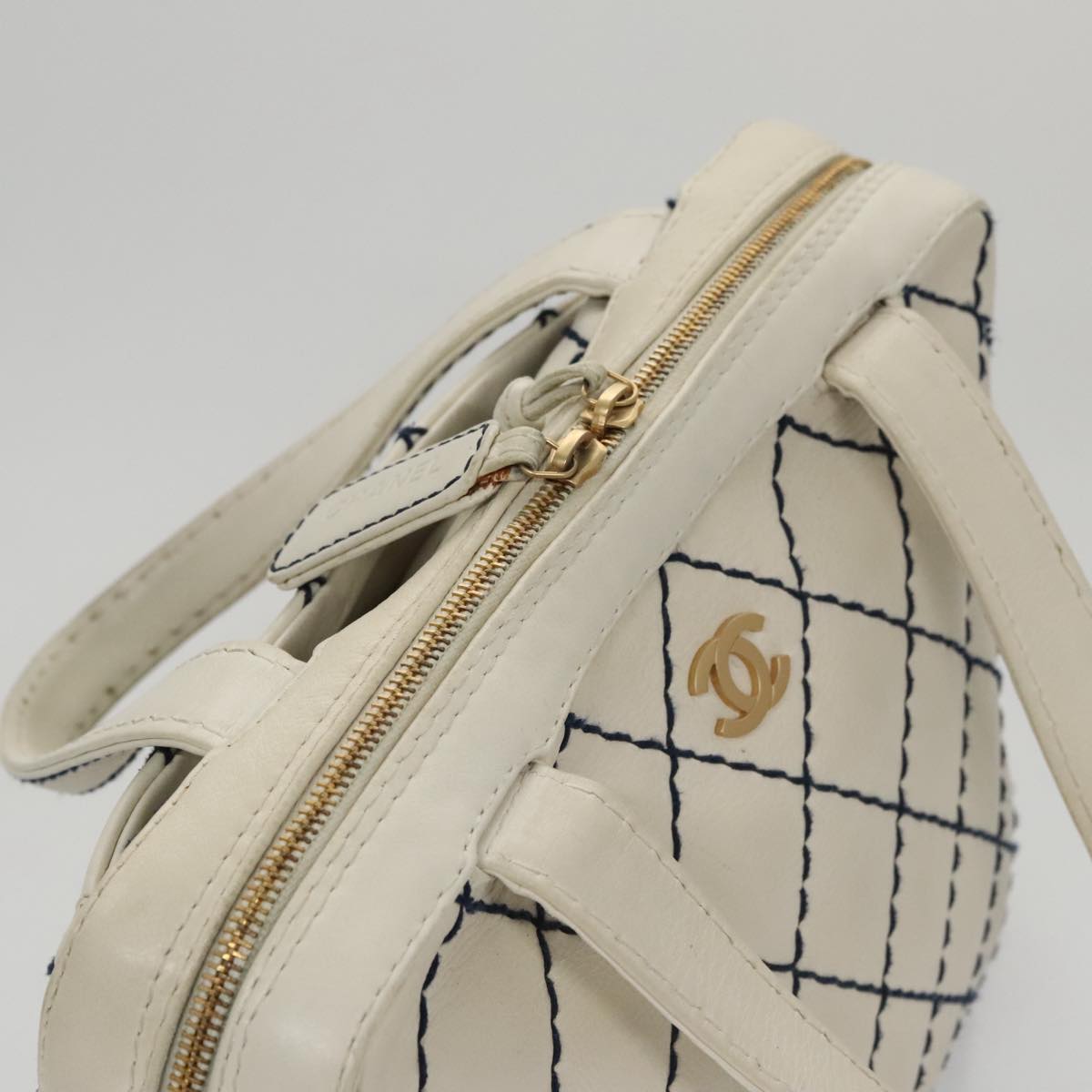 CHANEL Wild stitch Hand Bag Leather White Gold CC yk16095
