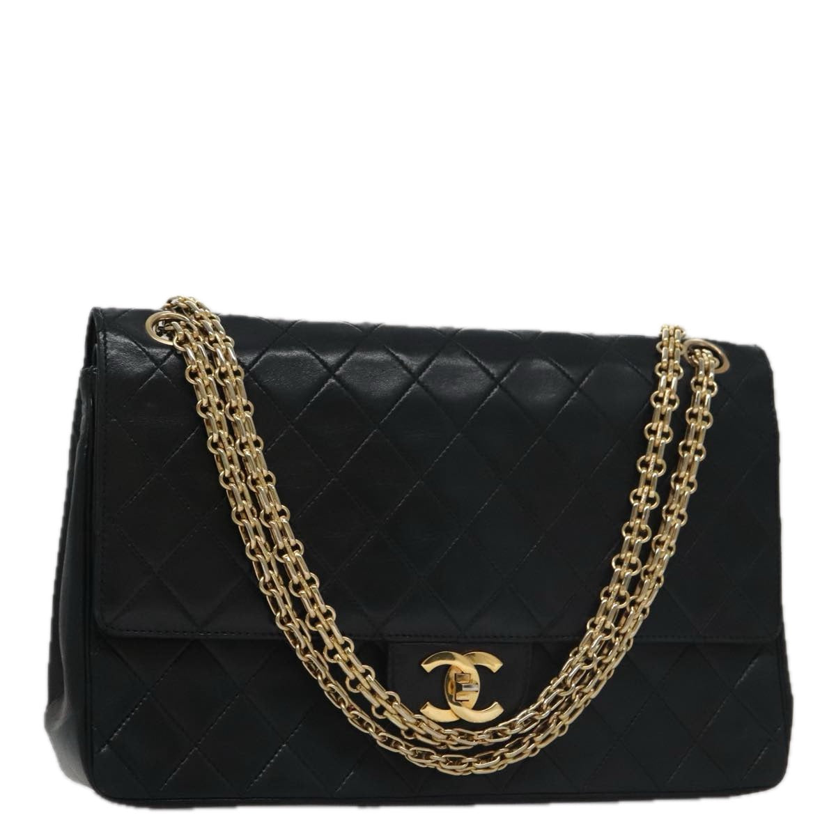 CHANEL Matelasse Chain Hand Bag Lamb Skin Vintage Black Gold CC yk16436