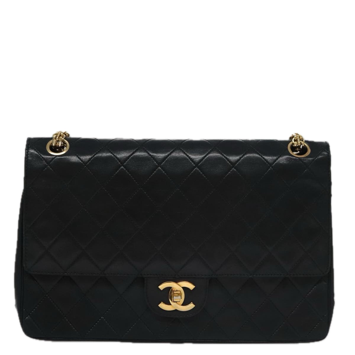 CHANEL Matelasse Chain Hand Bag Lamb Skin Vintage Black Gold CC yk16436