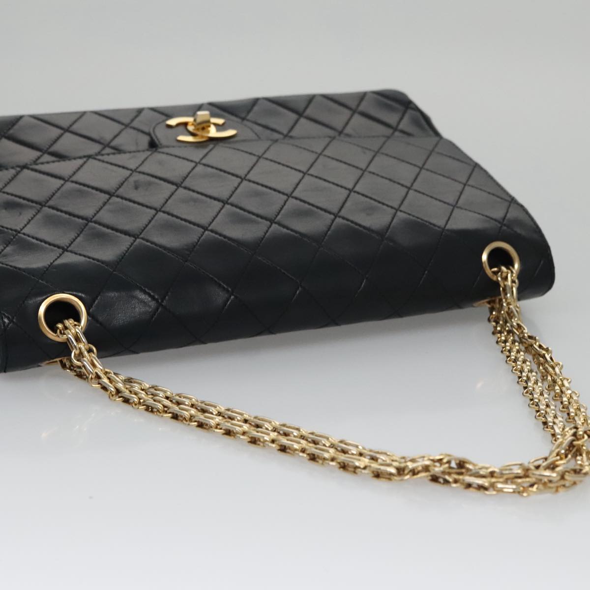CHANEL Matelasse Chain Hand Bag Lamb Skin Vintage Black Gold CC yk16436