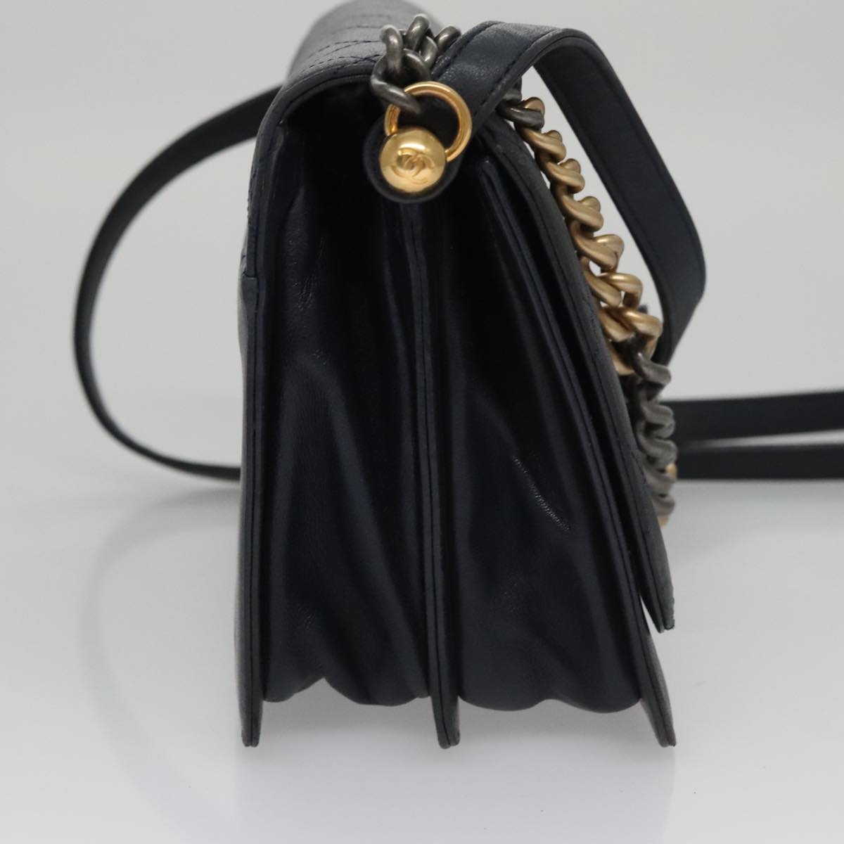 CHANEL Matelasse Turn Lock Chain Hand Bag Leather 2way Navy Gold CC yk16451