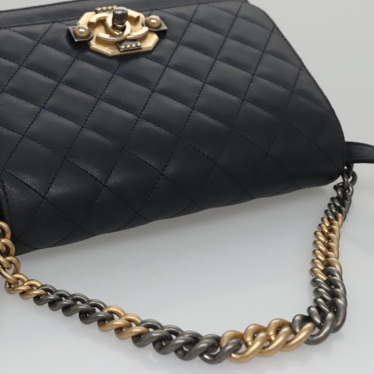 CHANEL Matelasse Turn Lock Chain Hand Bag Leather 2way Navy Gold CC yk16451