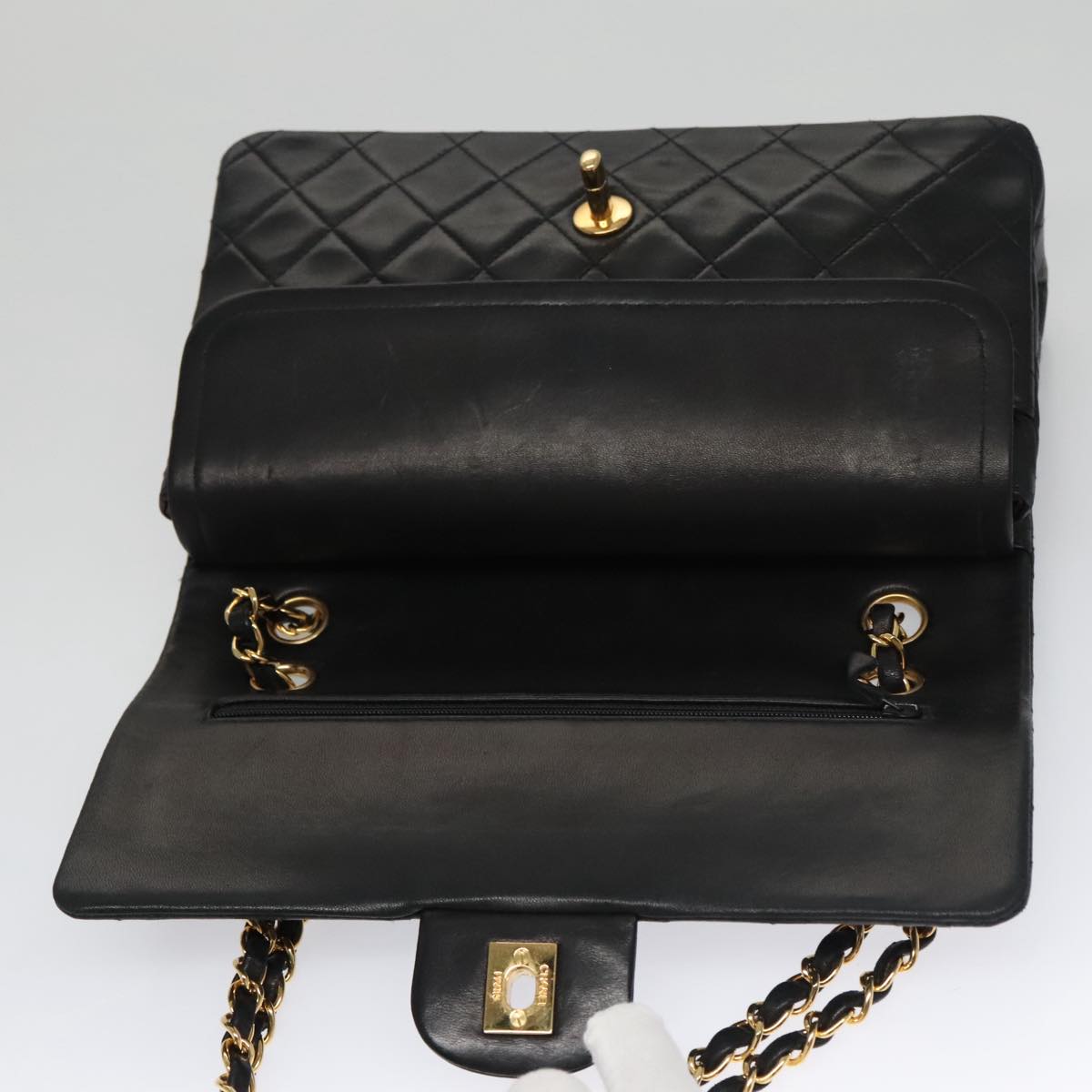 CHANEL Matelasse 25 Double Flap Chain Shoulder Bag Lamb Skin Black yk16454A