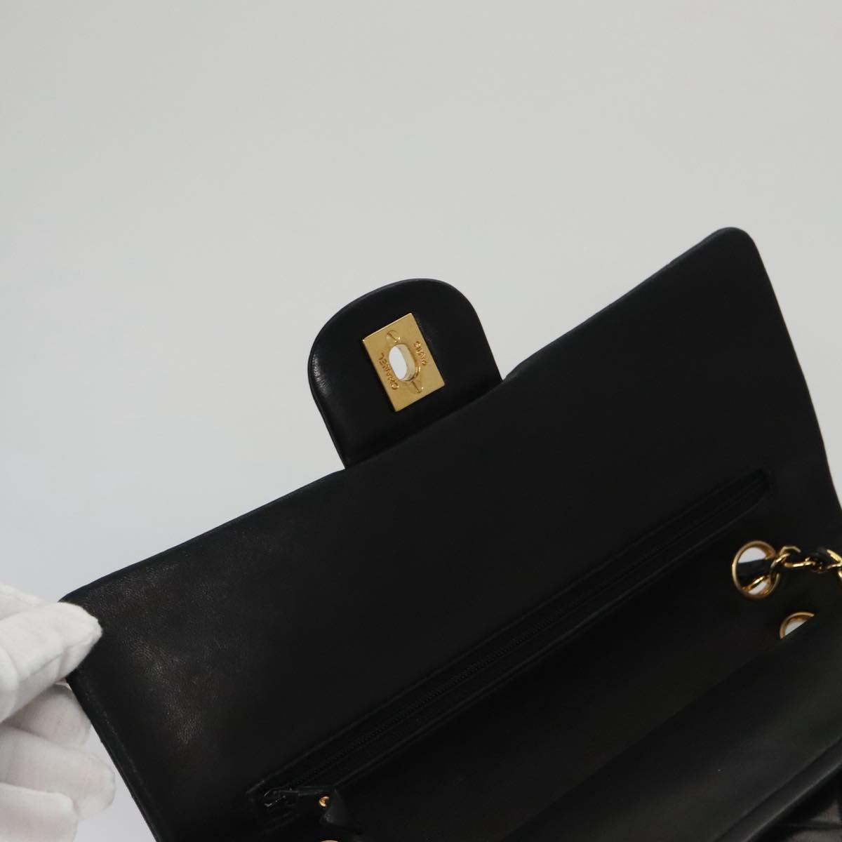 CHANEL Matelasse 25 Double Flap Chain Shoulder Bag Lamb Skin Black yk16454A