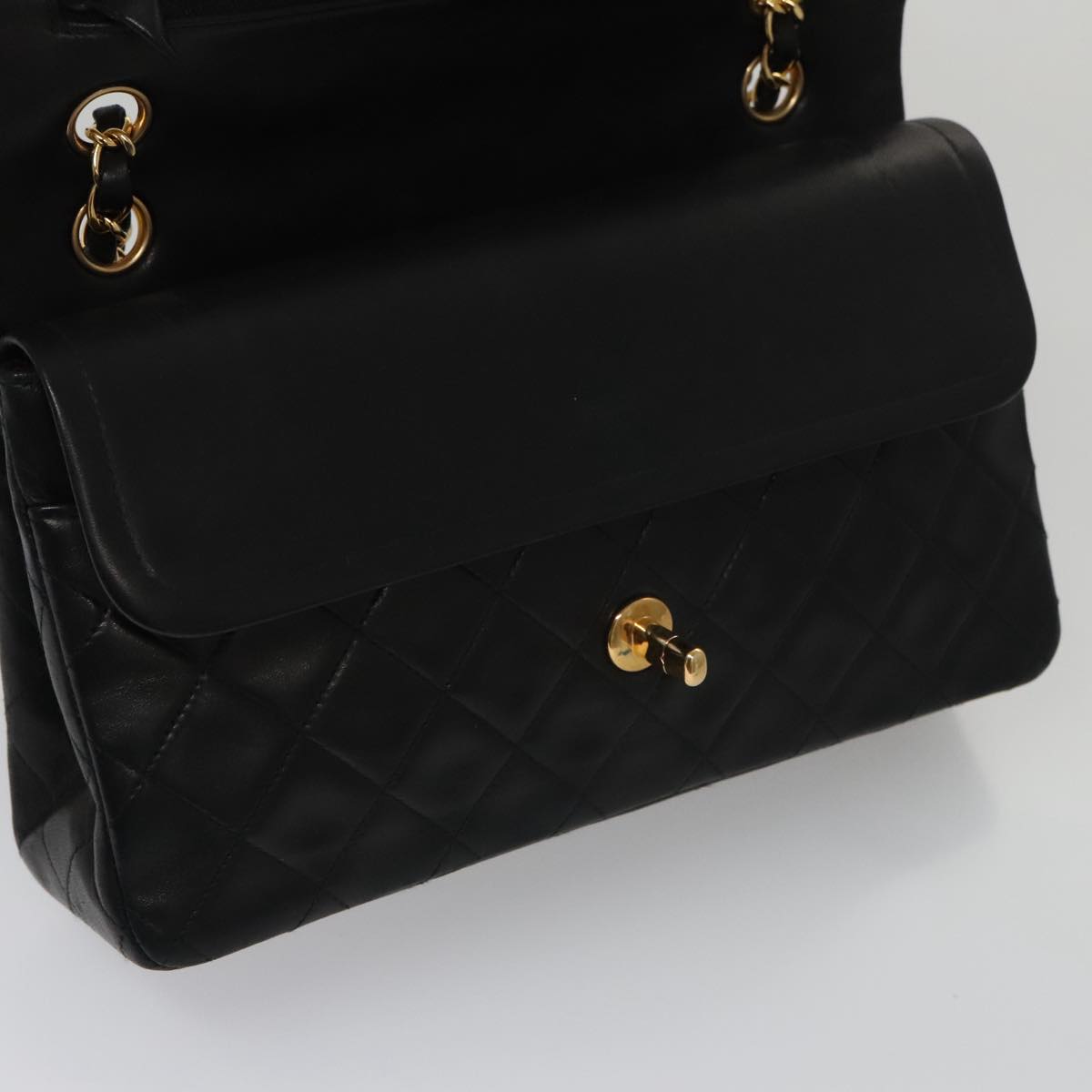 CHANEL Matelasse 25 Double Flap Chain Shoulder Bag Lamb Skin Black yk16454A