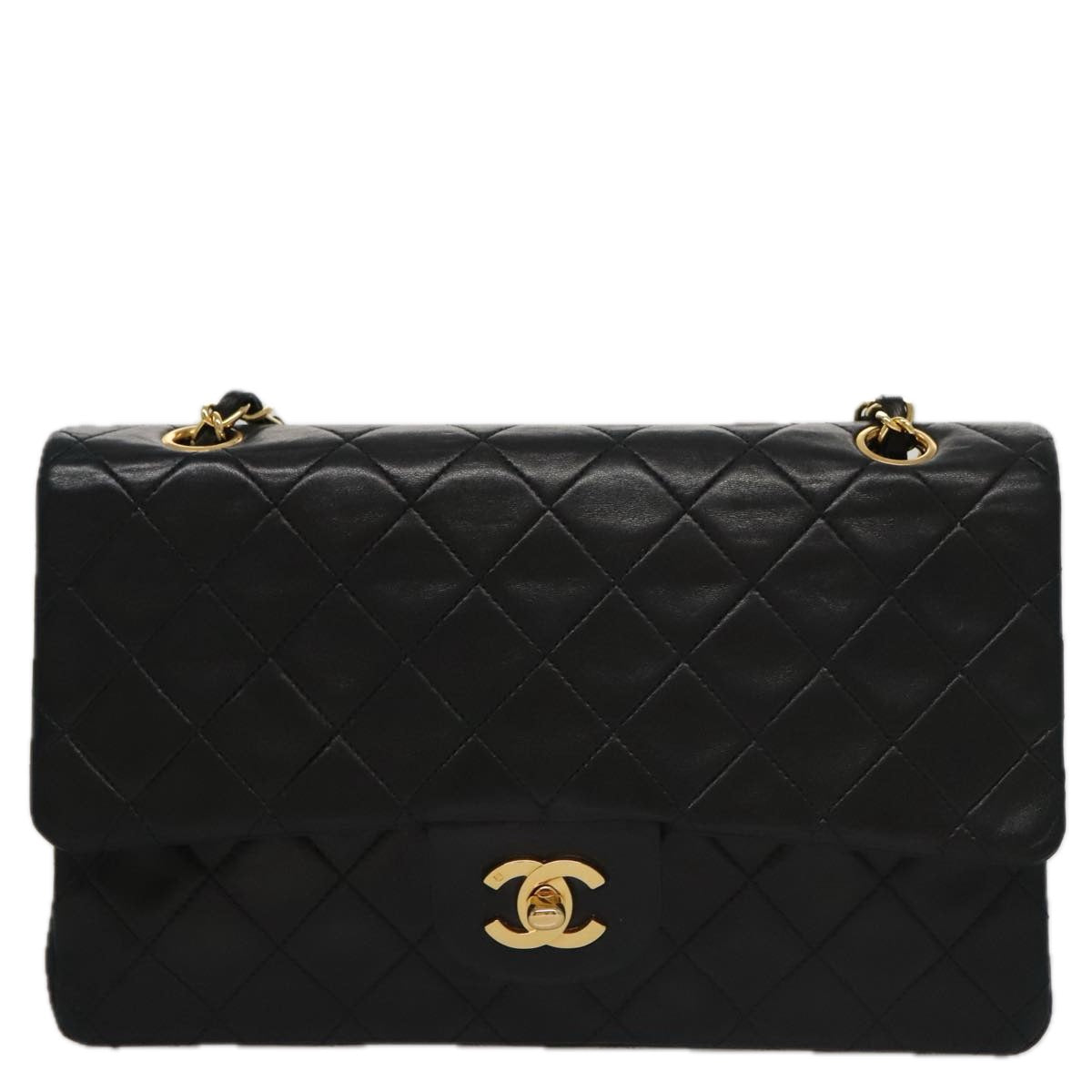 CHANEL Matelasse 25 Double Flap Chain Shoulder Bag Lamb Skin Black yk16454A