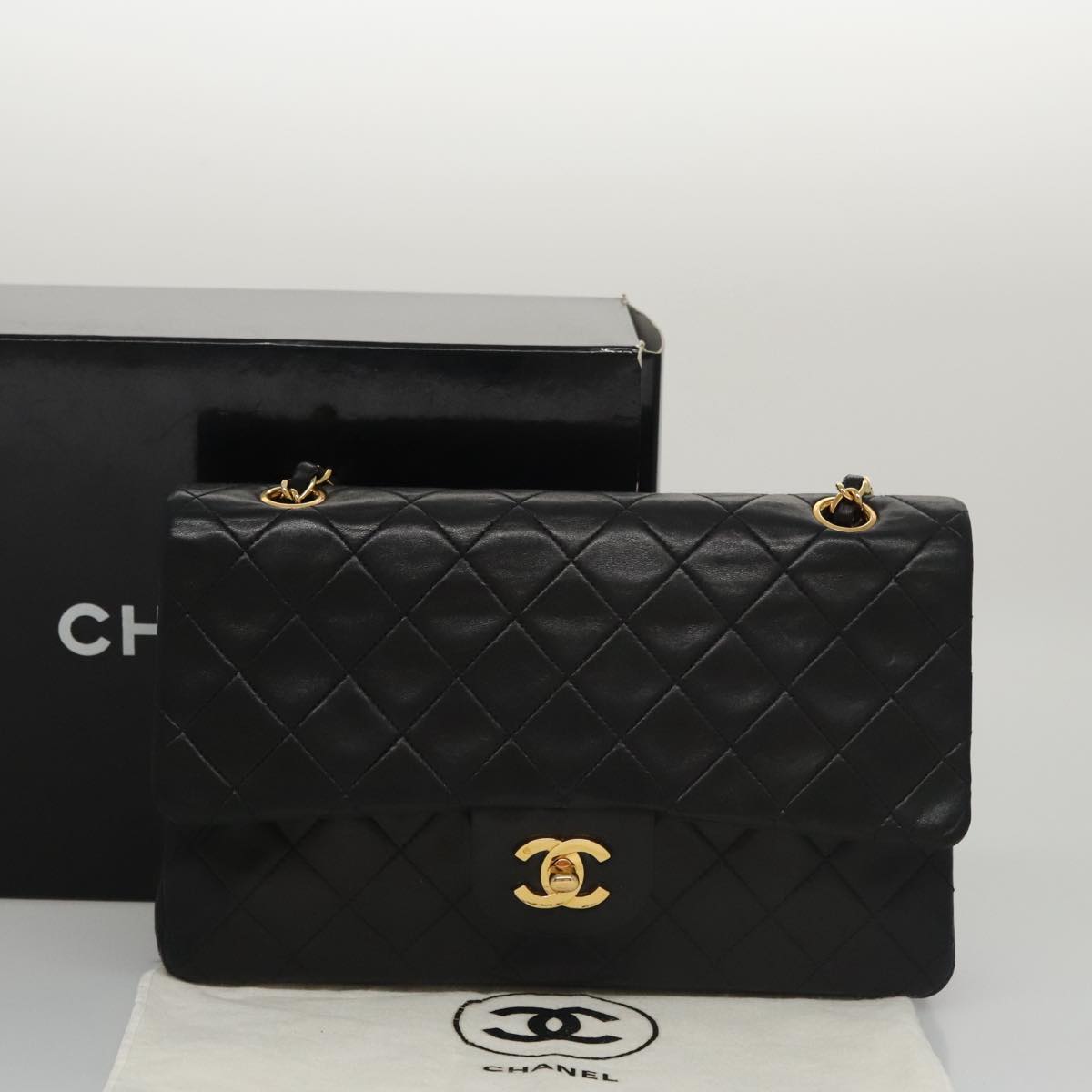 CHANEL Matelasse 25 Double Flap Chain Shoulder Bag Lamb Skin Black yk16454A