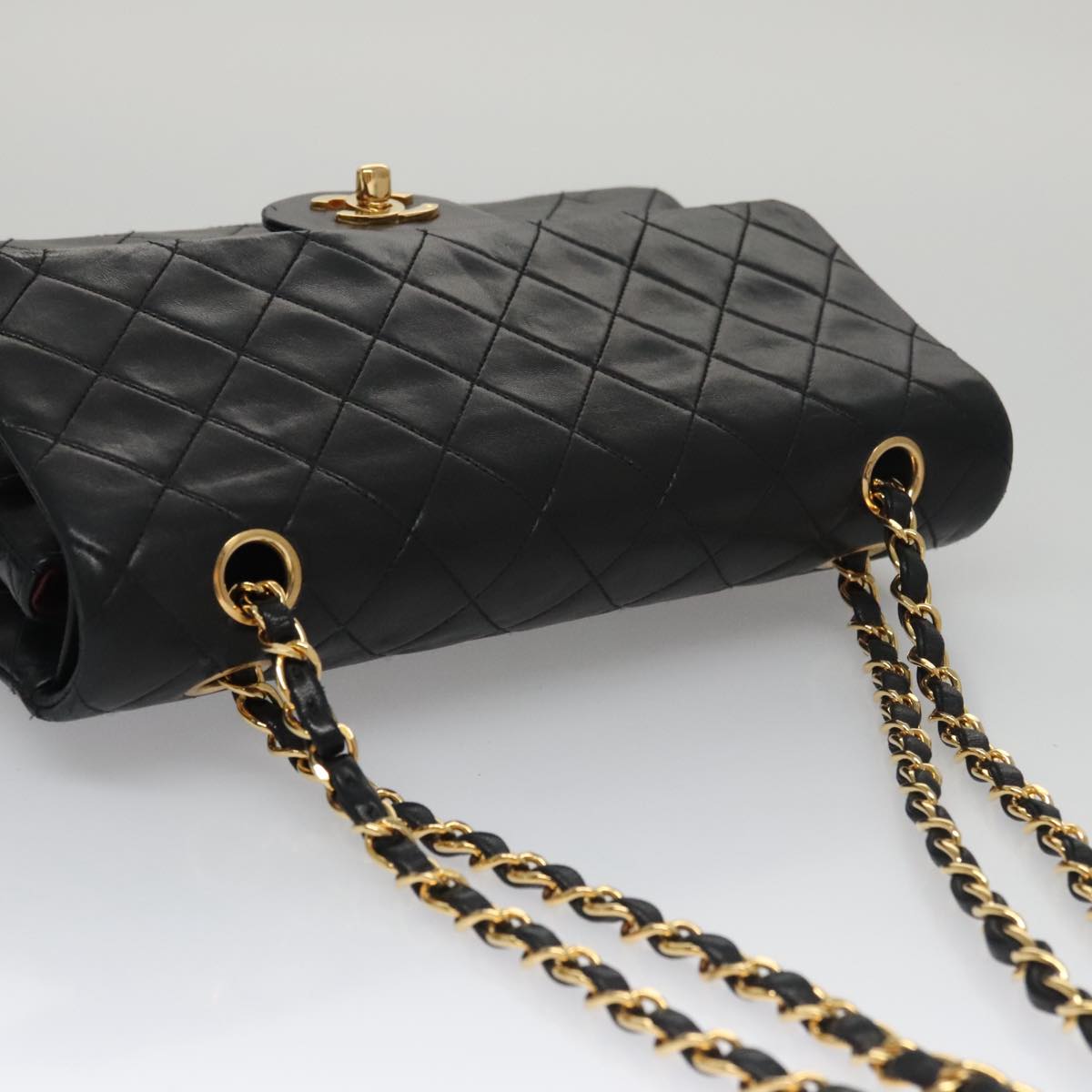 CHANEL Matelasse 25 Double Flap Chain Shoulder Bag Lamb Skin Black yk16454A