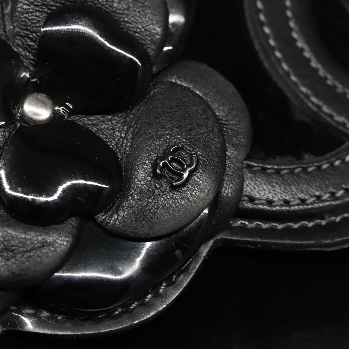 CHANEL Chain Camelia Shoulder Bag Velor Leather Black Silver CC yk16500