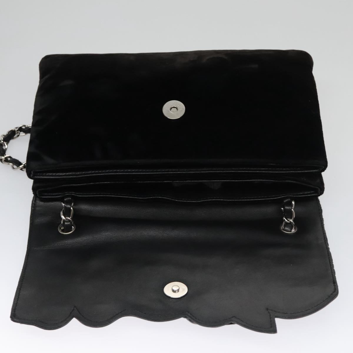 CHANEL Chain Camelia Shoulder Bag Velor Leather Black Silver CC yk16500